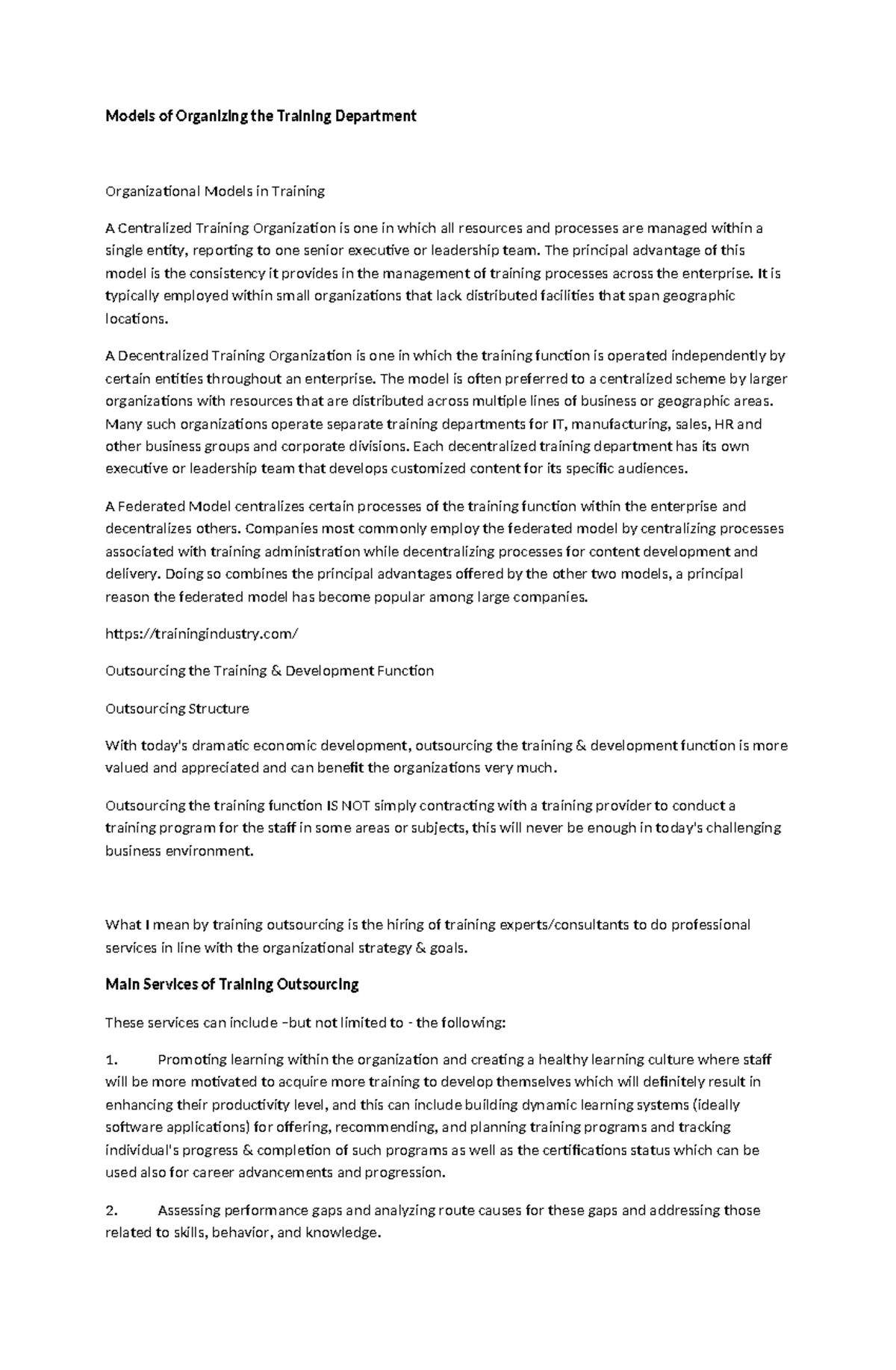 Models of Training Organization and Needs Assessment (TD 101) - Studocu