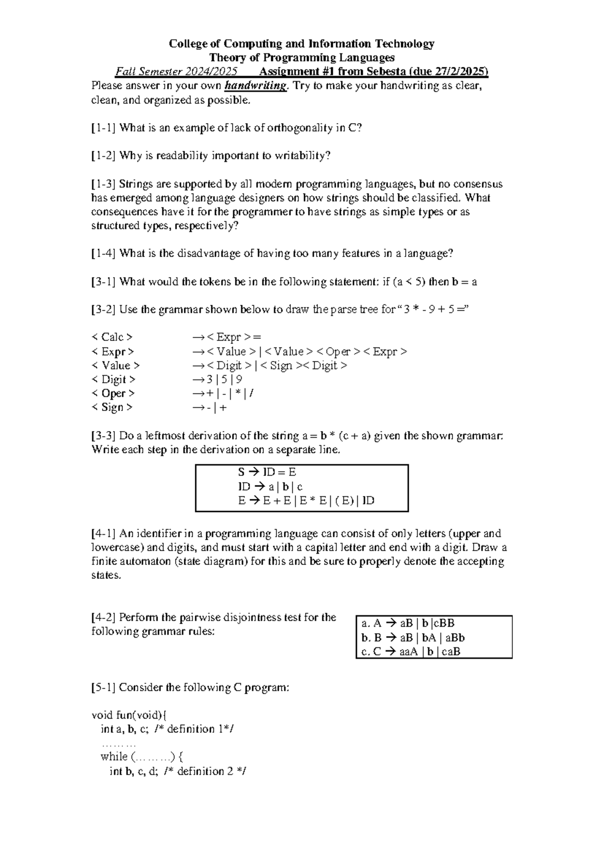 Theory of Programming Languages - Assignment 1 Fall 24 (CPL) - Studocu
