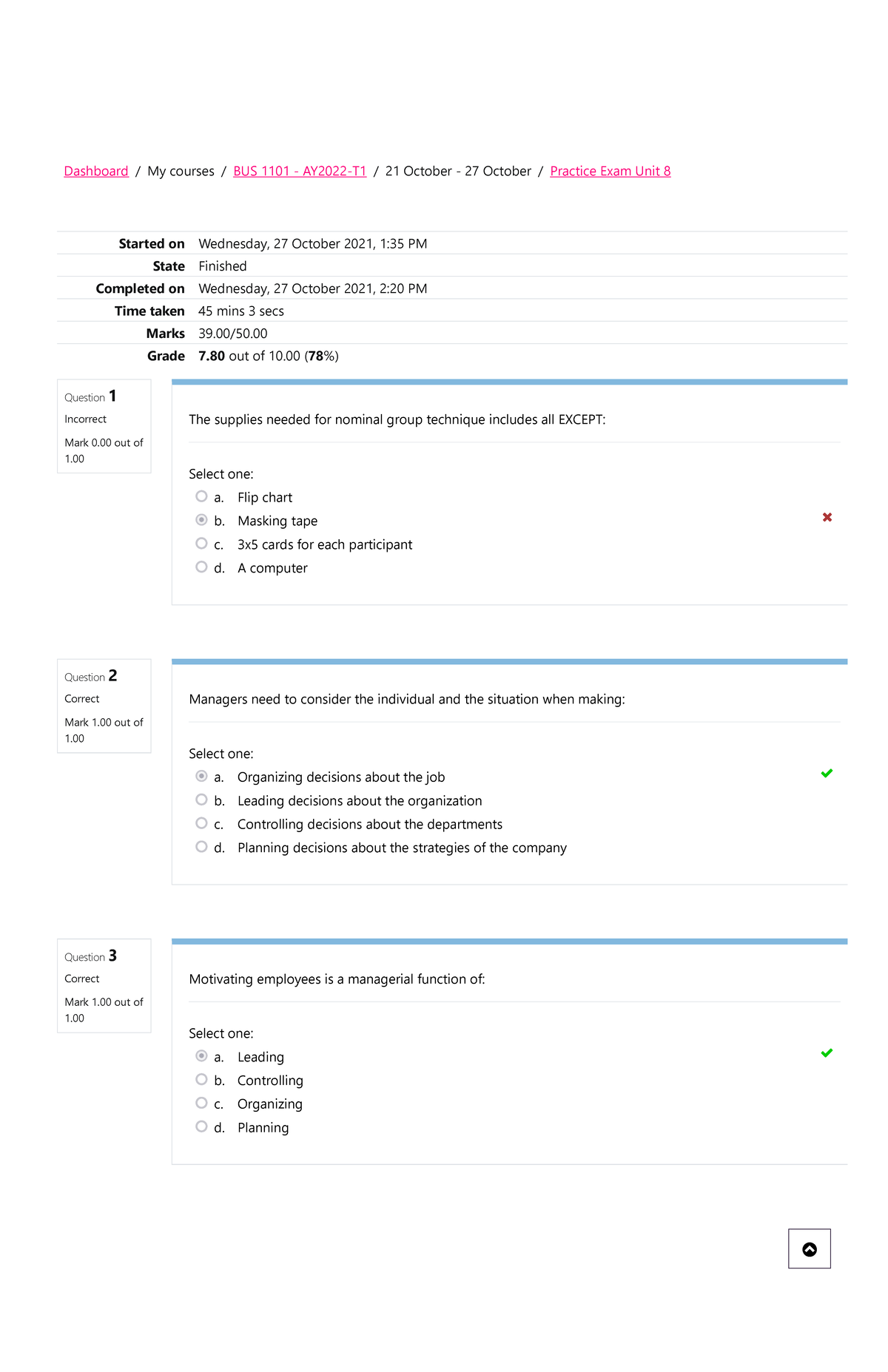 BUS 1101 Practice Exam Unit 8 Attempt review - Dashboard My courses BUS ...