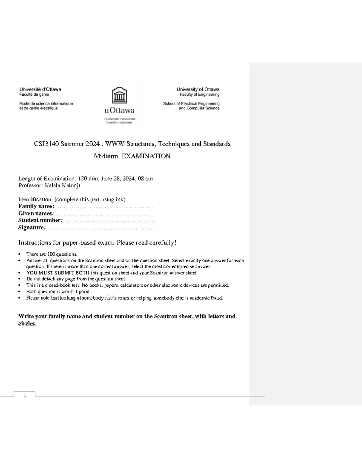 CSI 3140 - Final Exam Review for 2010: WWW Structures and Standards ...