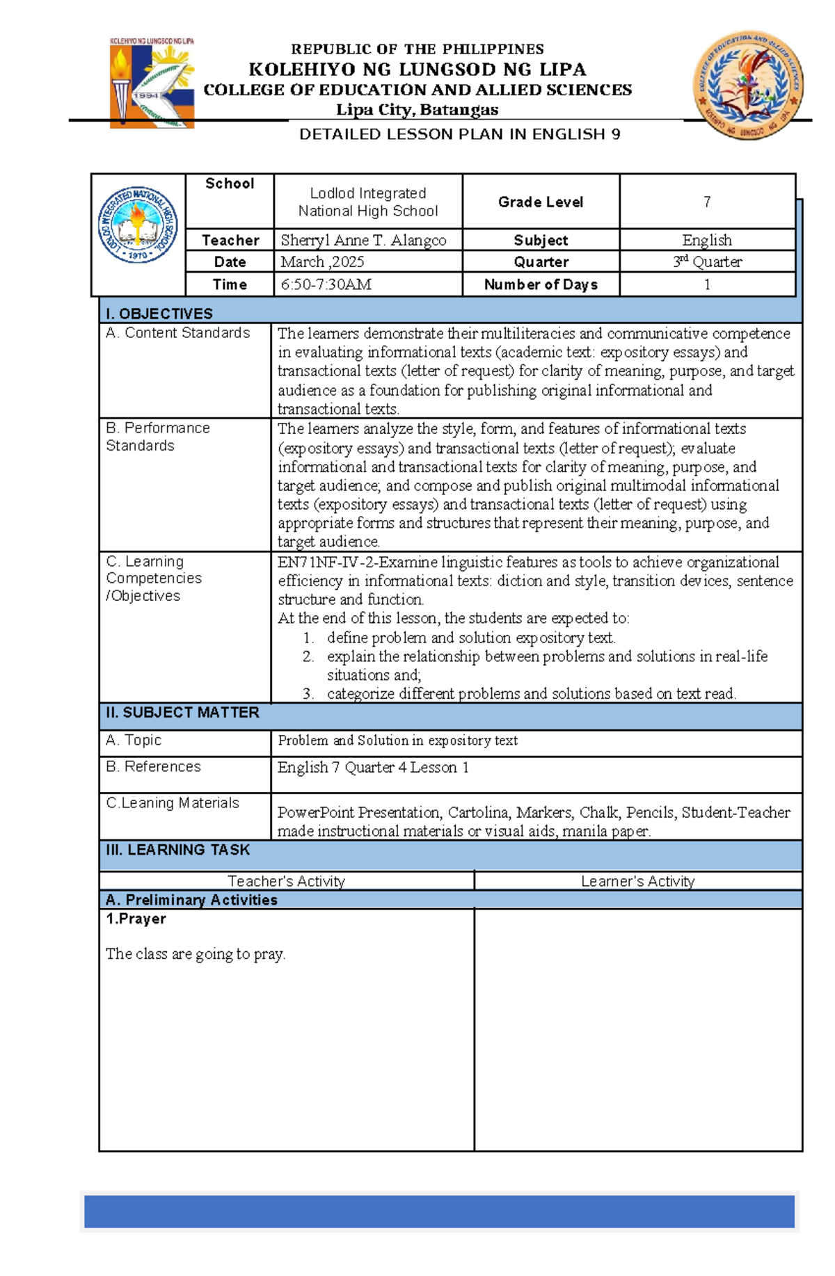 Detailed Lesson Plan: Problem and Solution in Expository Texts (ENG 7 ...