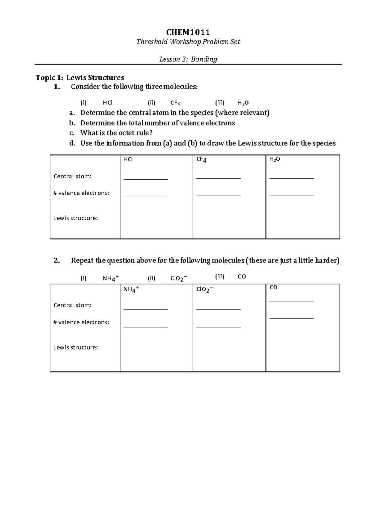 CHEM1011 Threshold Workshop Problem Set: Bonding & Lewis Structures ...