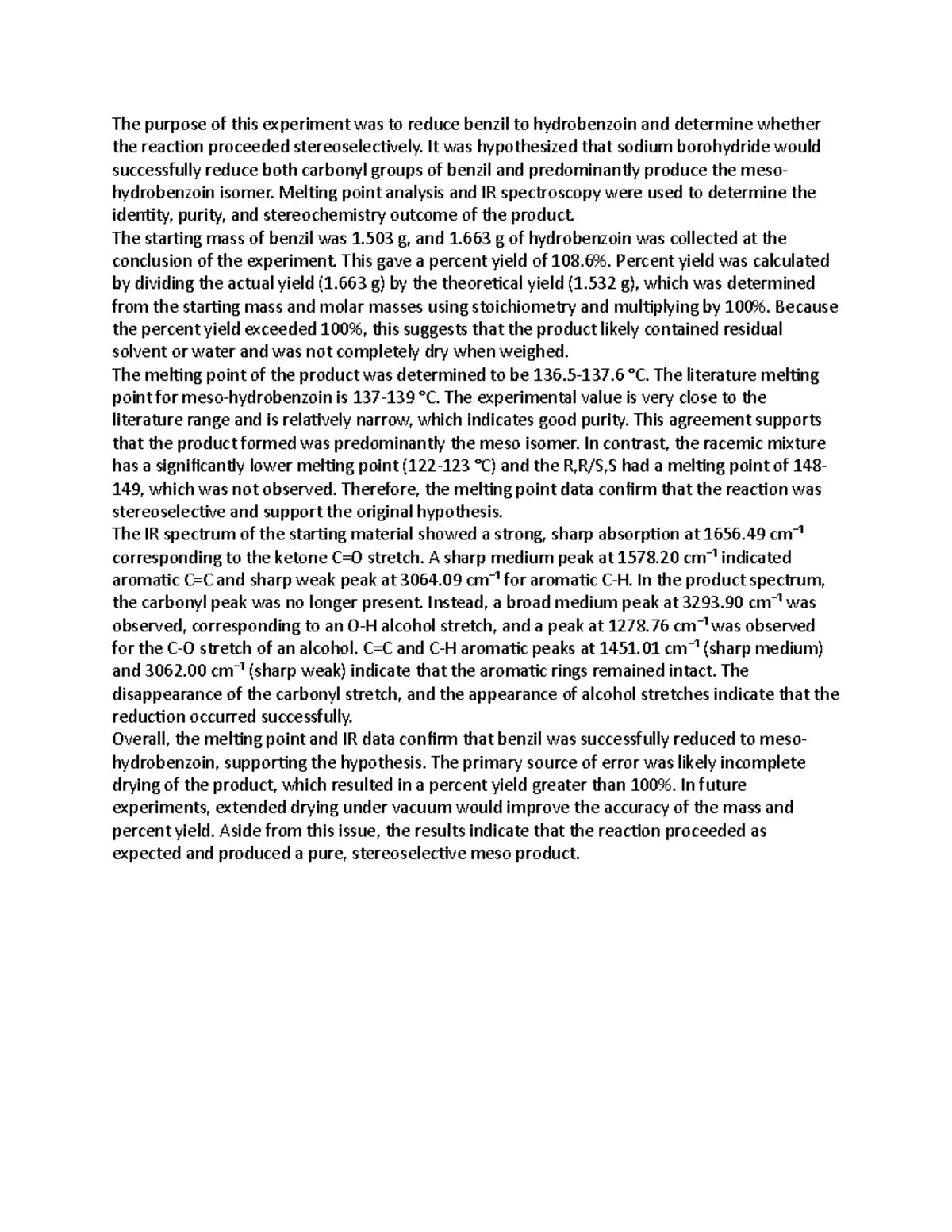 Benzil Reduction to Hydrobenzoin: Post-Lab Analysis and Findings - Studocu