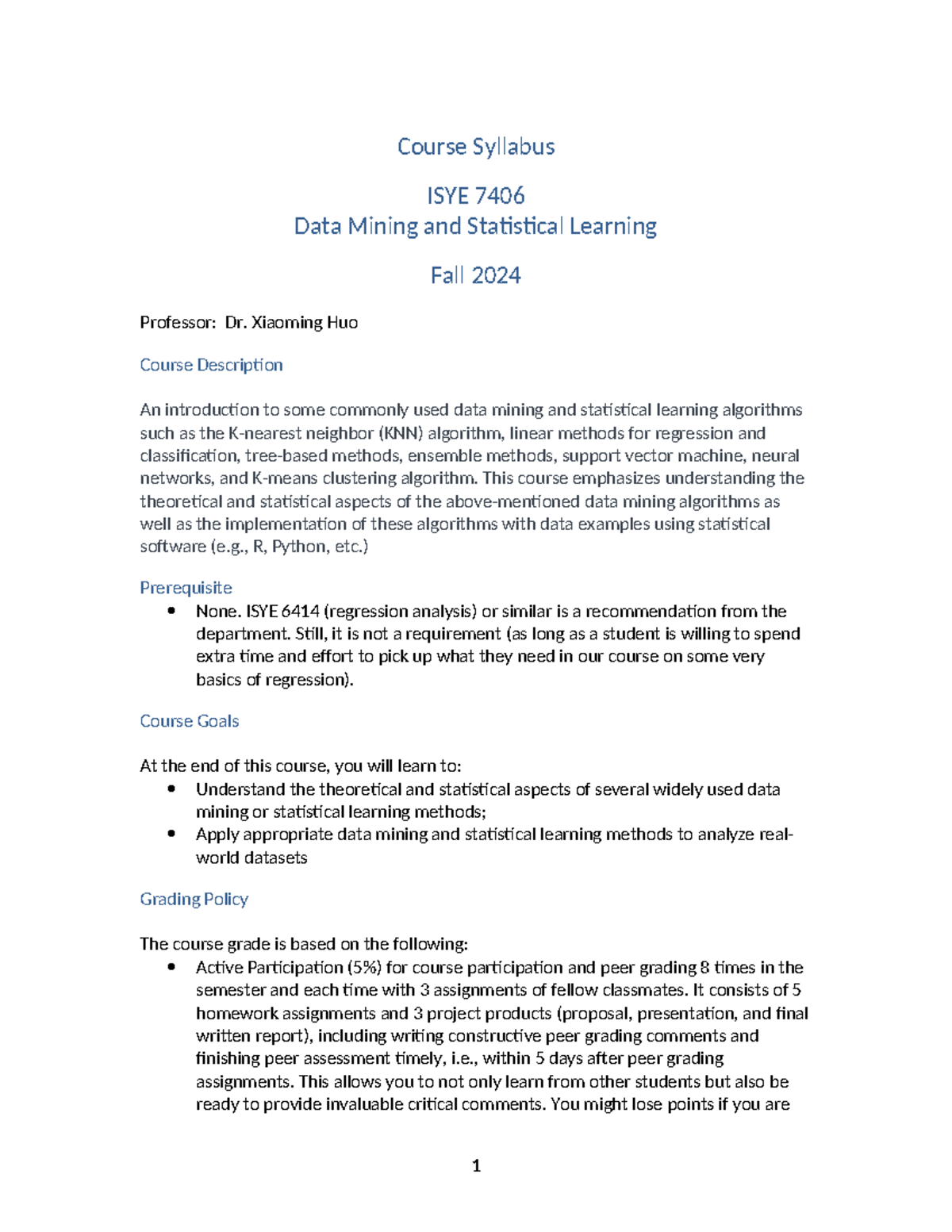ISYE 7406 Course Syllabus: Data Mining & Statistical Learning Fall 2024 ...