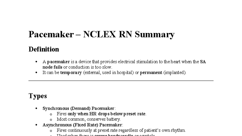 Pacemaker NCLEX RN Summary: Adult Health Critical Care Notes - Studocu