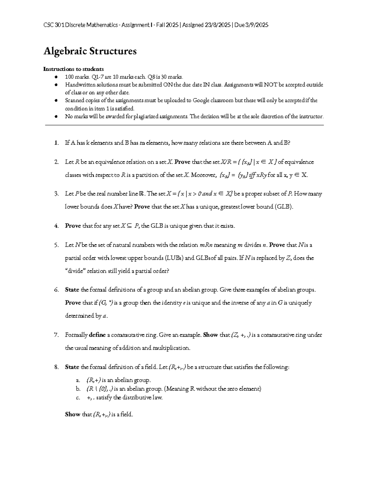 CSC 301 Discrete Mathematics - Assignment I Guidelines Fall 2025 - Studocu