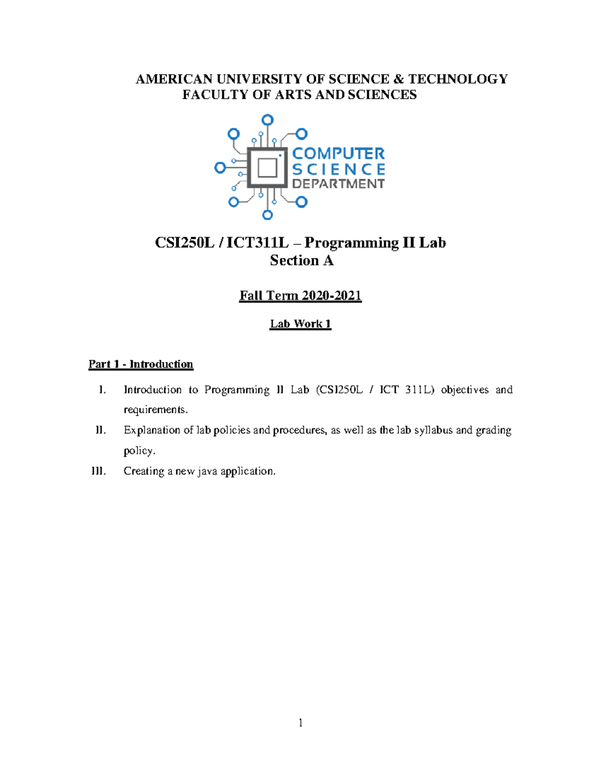 CSI250L Lab 1 Worksheet - 1 AMERICAN UNIVERSITY OF SCIENCE & TECHNOLOGY ...