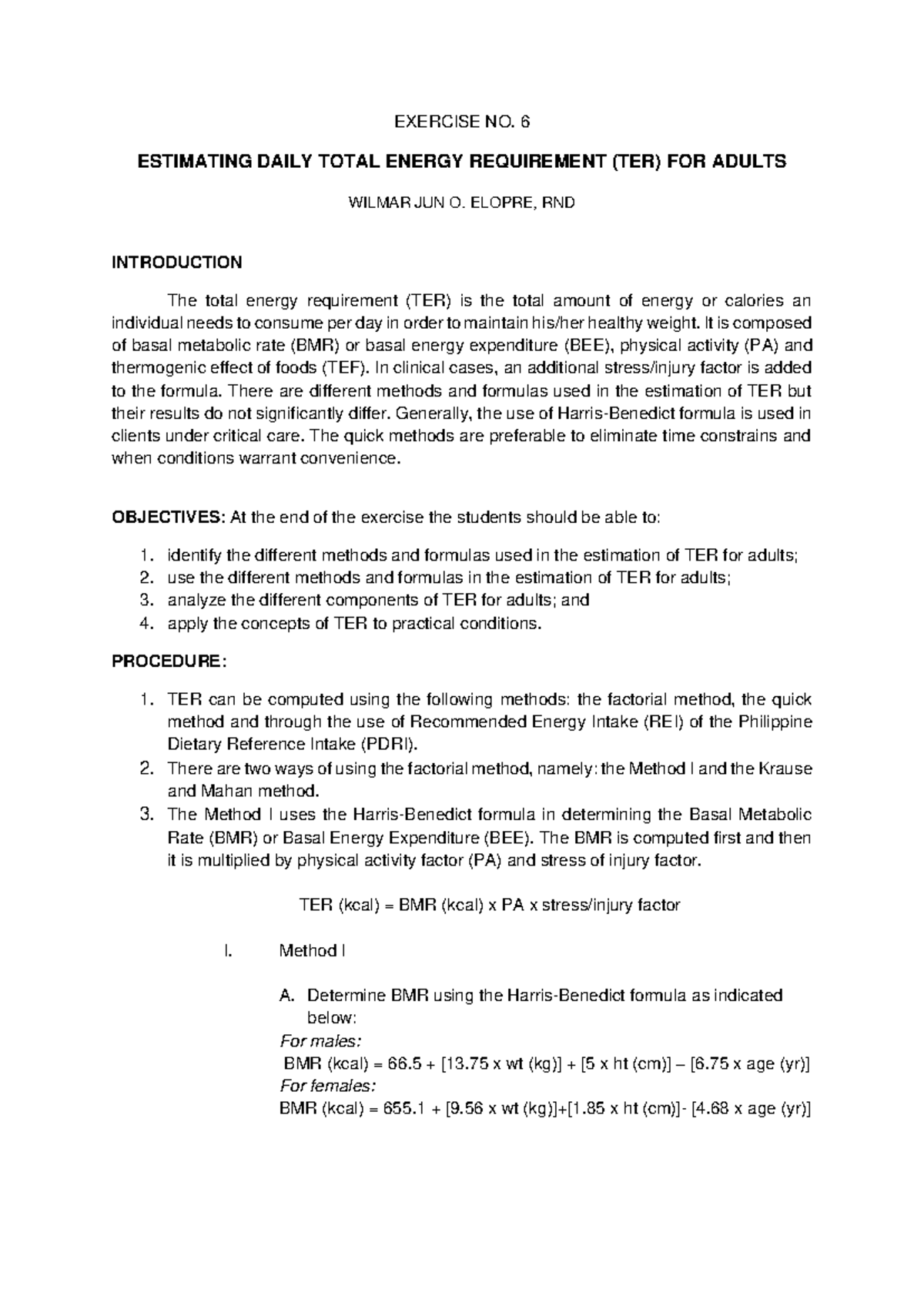 Exercise-6: Daily Total Energy Requirement (TER) Calculation for Adults ...