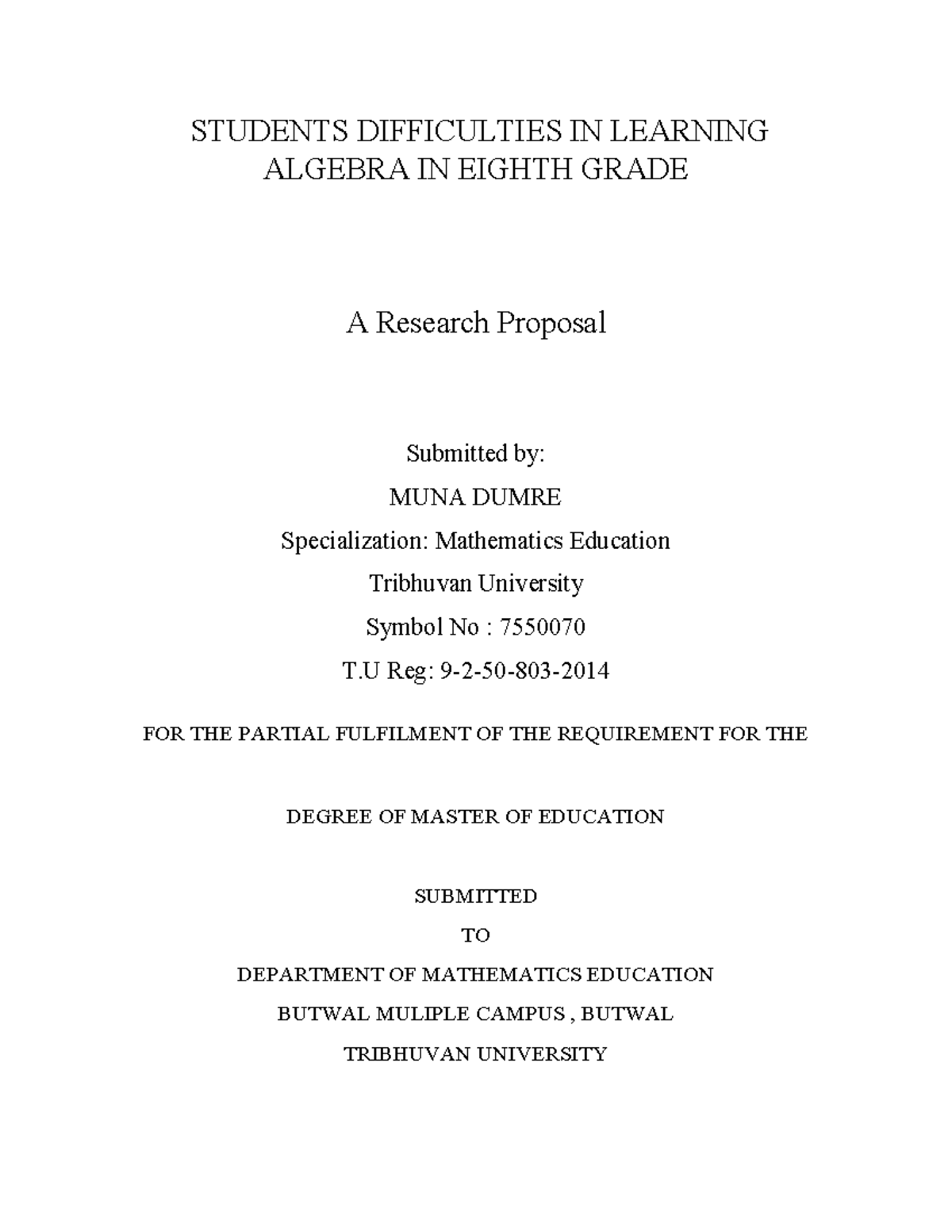 Research proposal - STUDENTS DIFFICULTIES IN LEARNING ALGEBRA IN EIGHTH ...