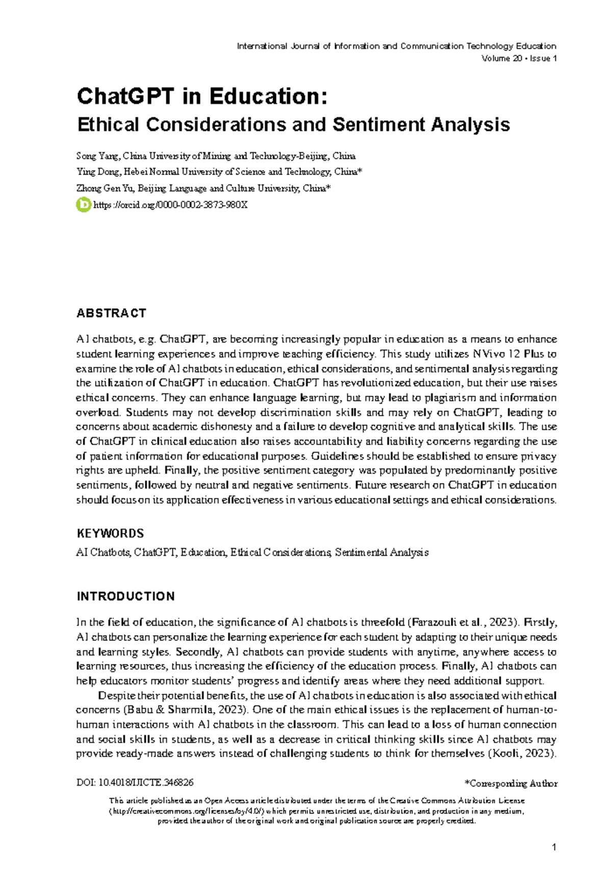 ChatGPT in Education: Ethical Issues and Sentiment Analysis (ICTE 20.1 ...