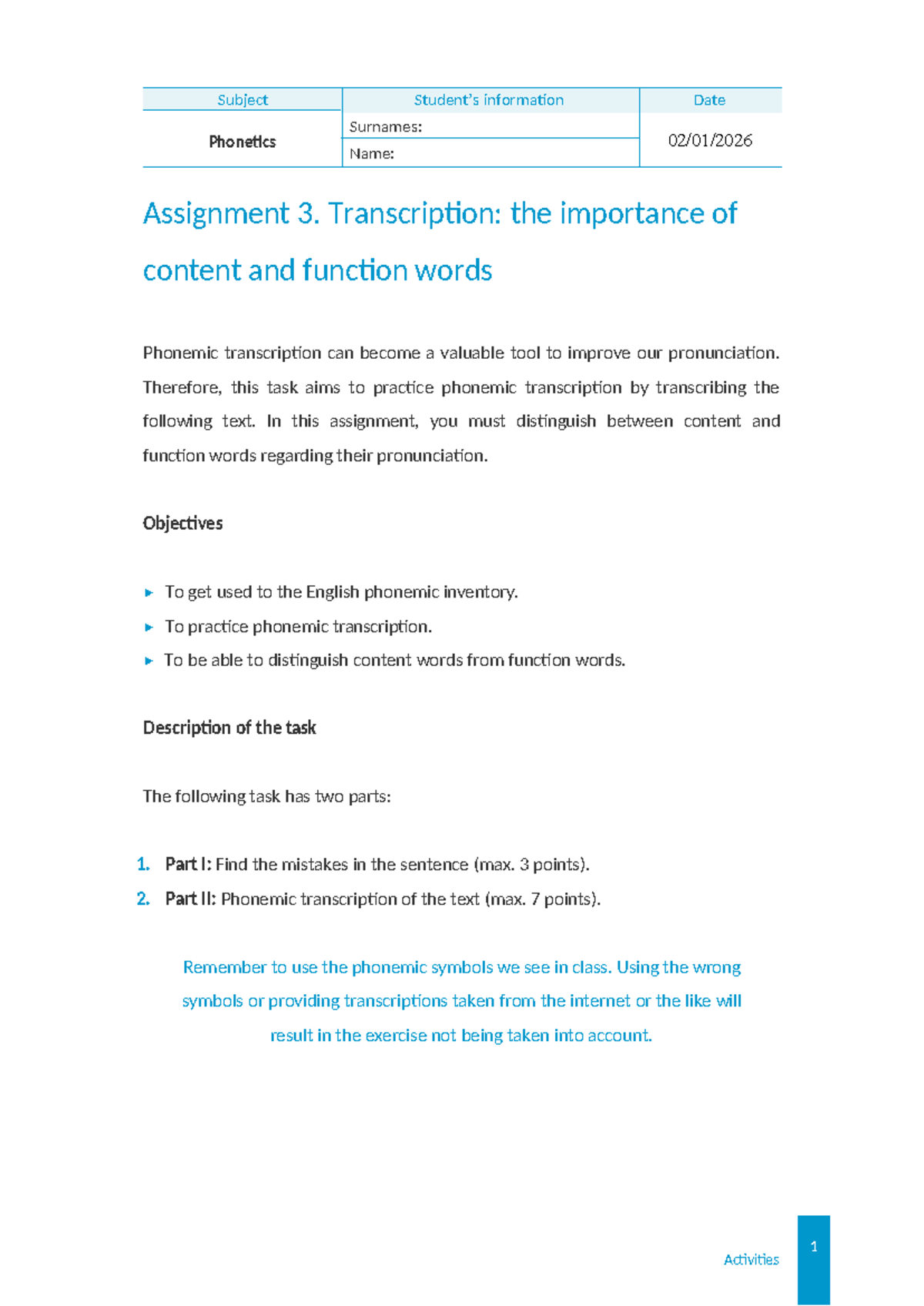 Phonetics Assignment 3: Transcription of Content & Function Words - Studocu