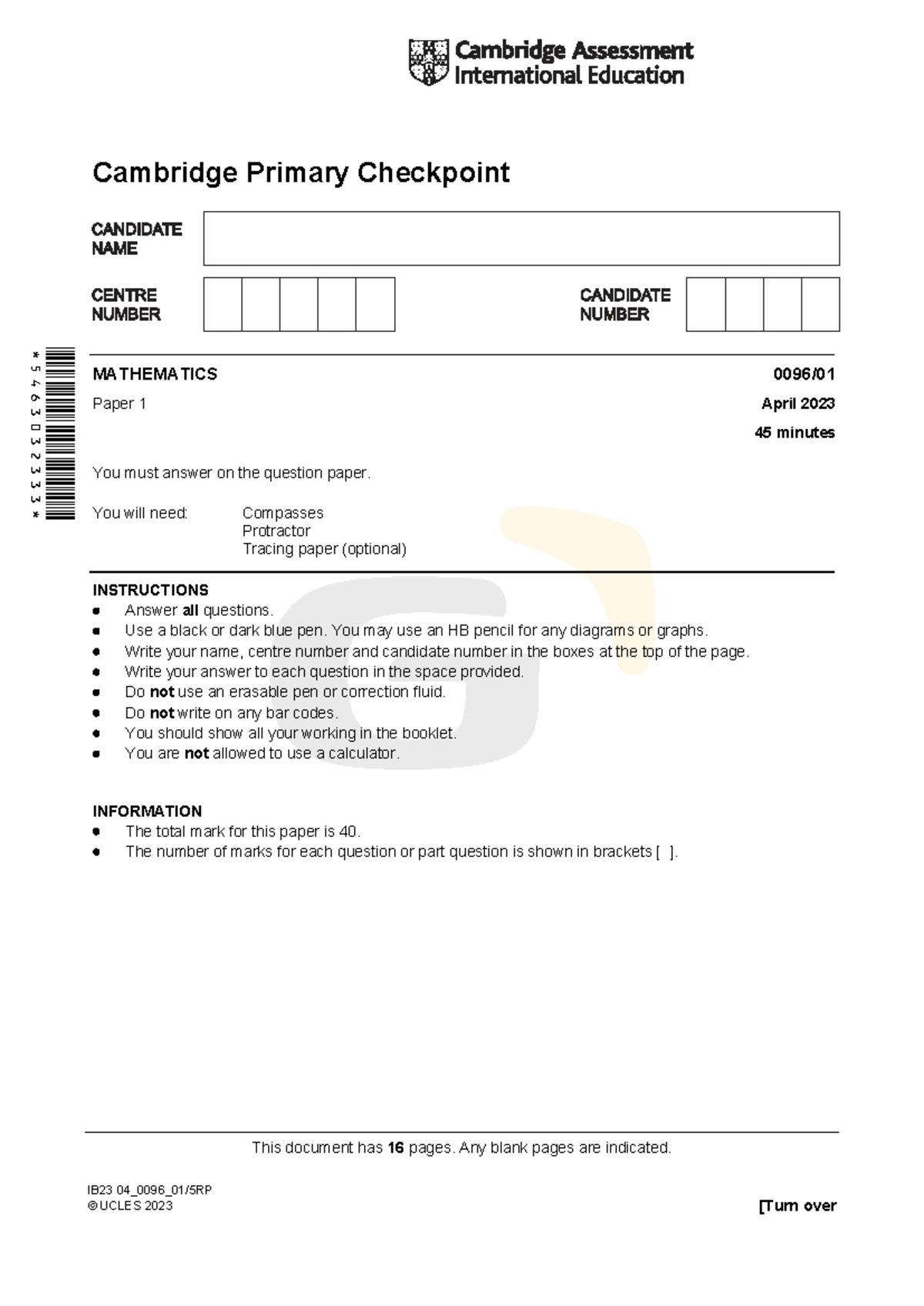 Cambridge Primary Checkpoint Mathematics Paper 1 QP April 2023 - Studocu