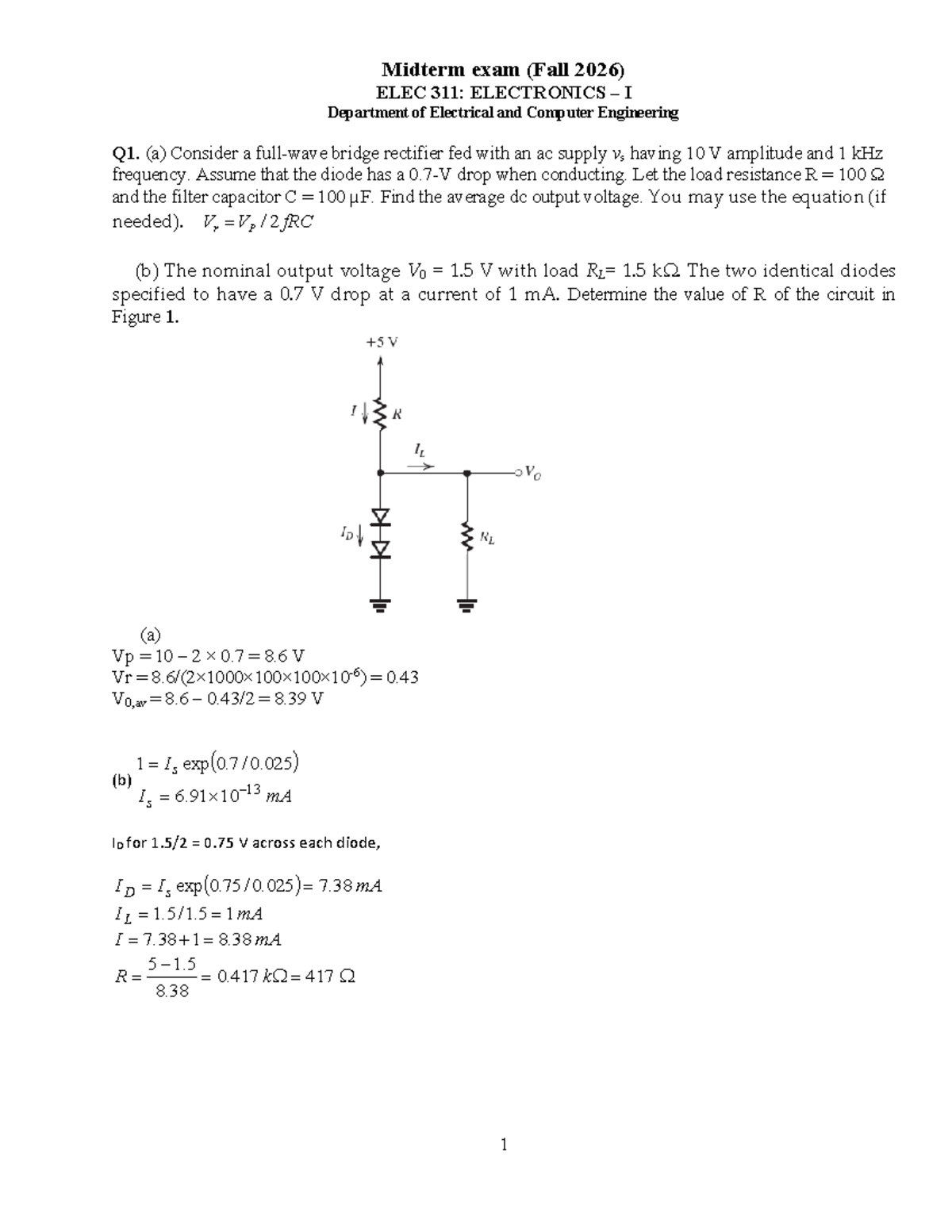 Midterm Exam Solutions for ELEC 311: Electronics I (Fall 2026) - Studocu