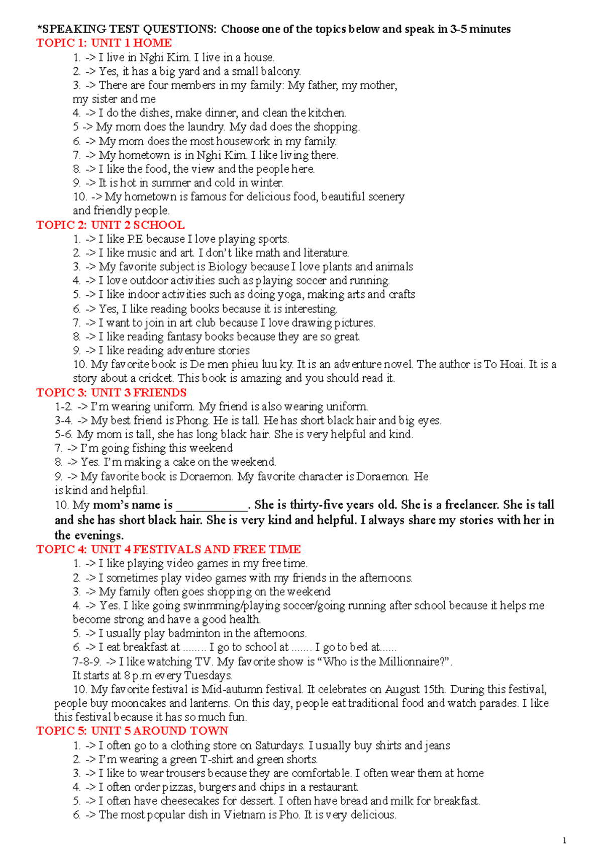 Speaking Test Answers Sample: Topics from Units 1-5 - Studocu