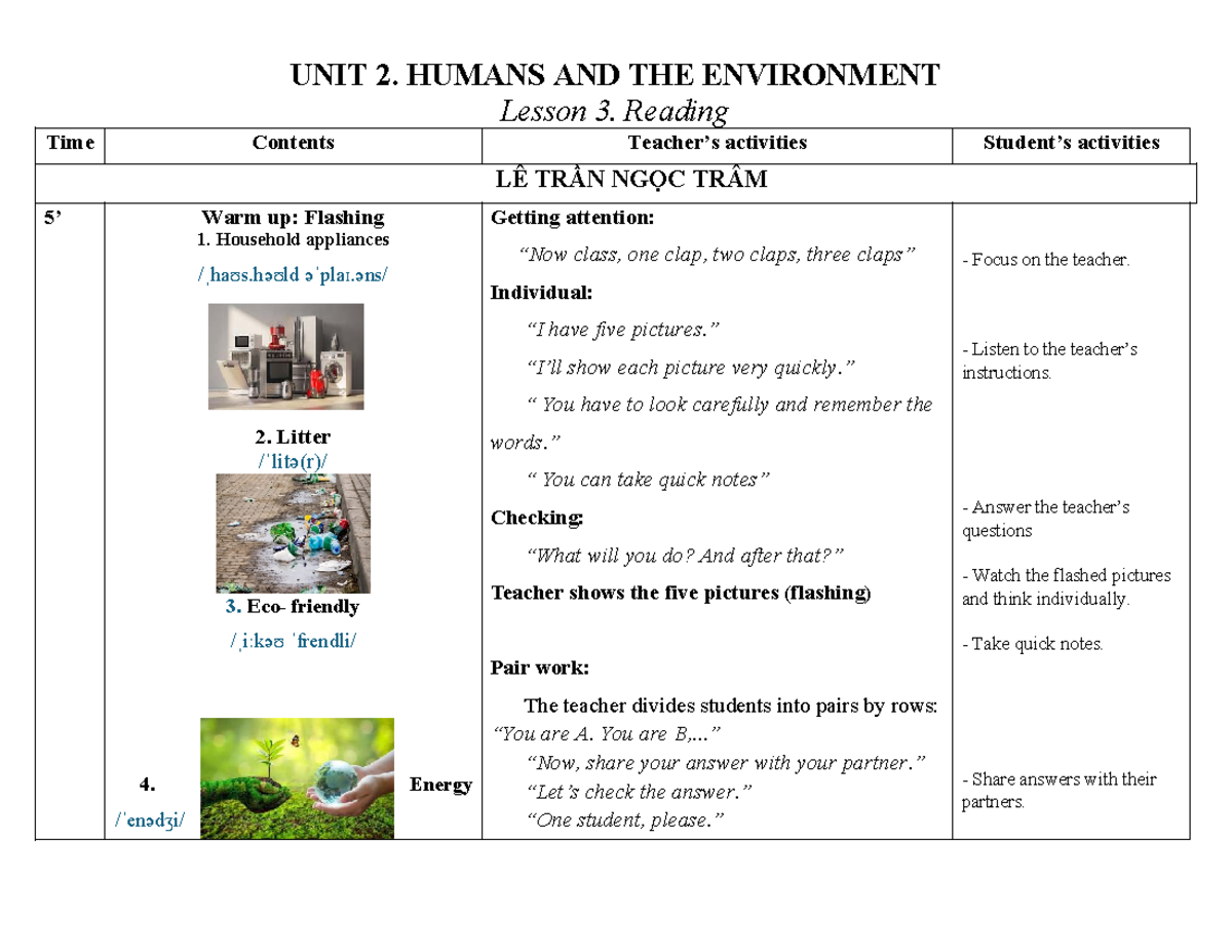 UNIT 2. HUMANS AND THE ENVIRONMENT Lesson 3. Reading Activities - Studocu