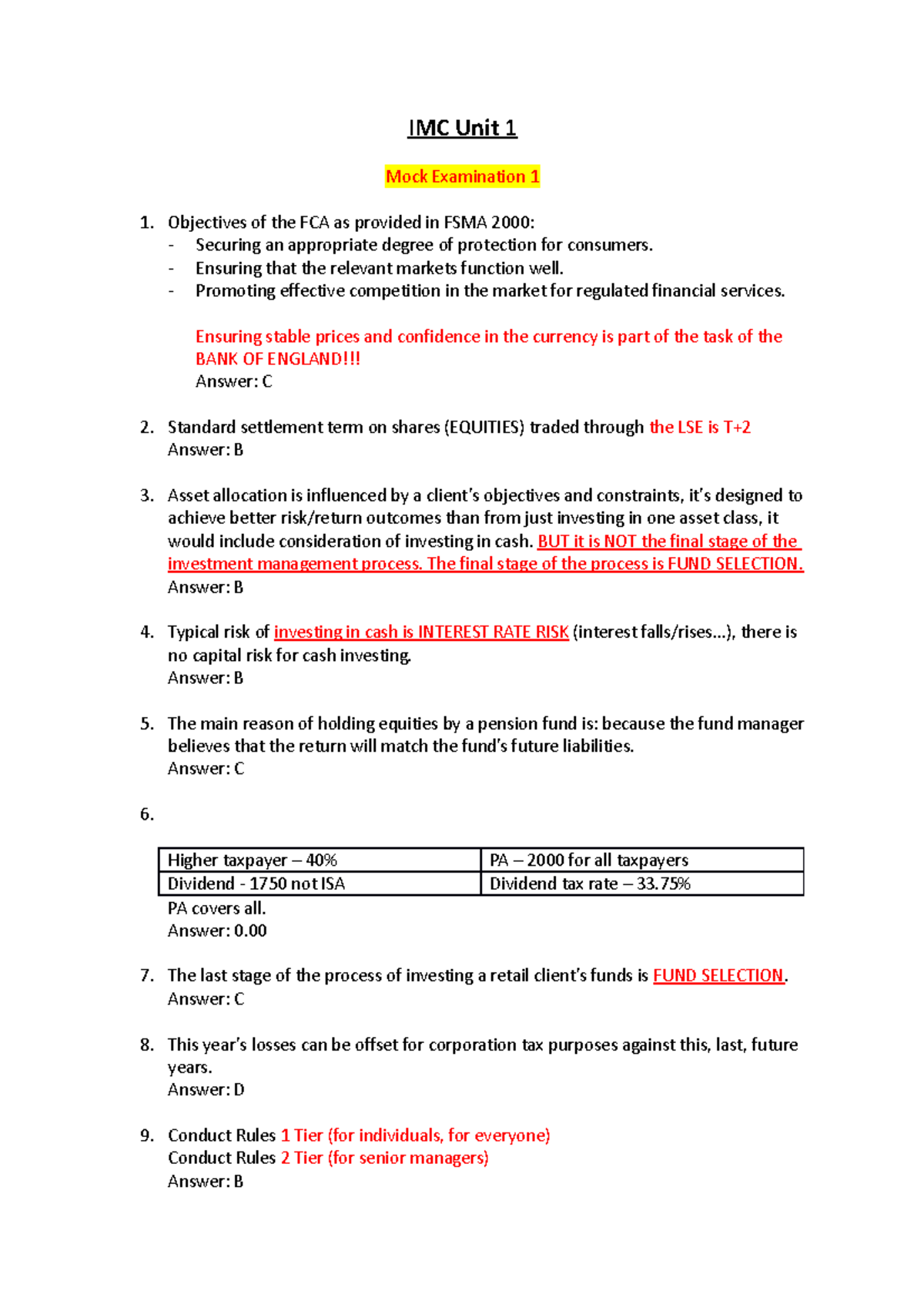 IMC Mock Exam 1 Review: Key Topics and Answers - Studocu
