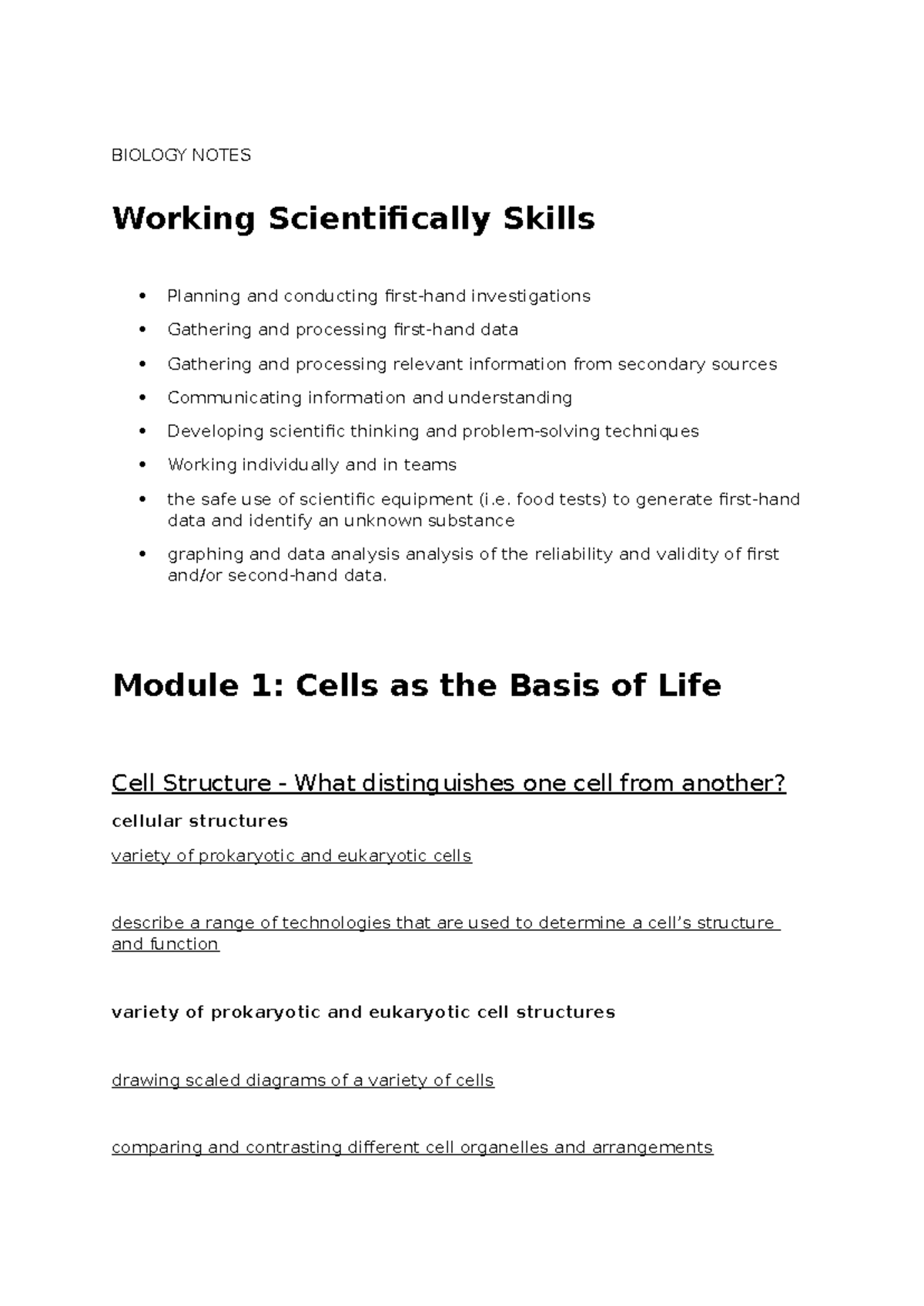 BIO101: Biology Notes on Cell Structure and Function - Studocu