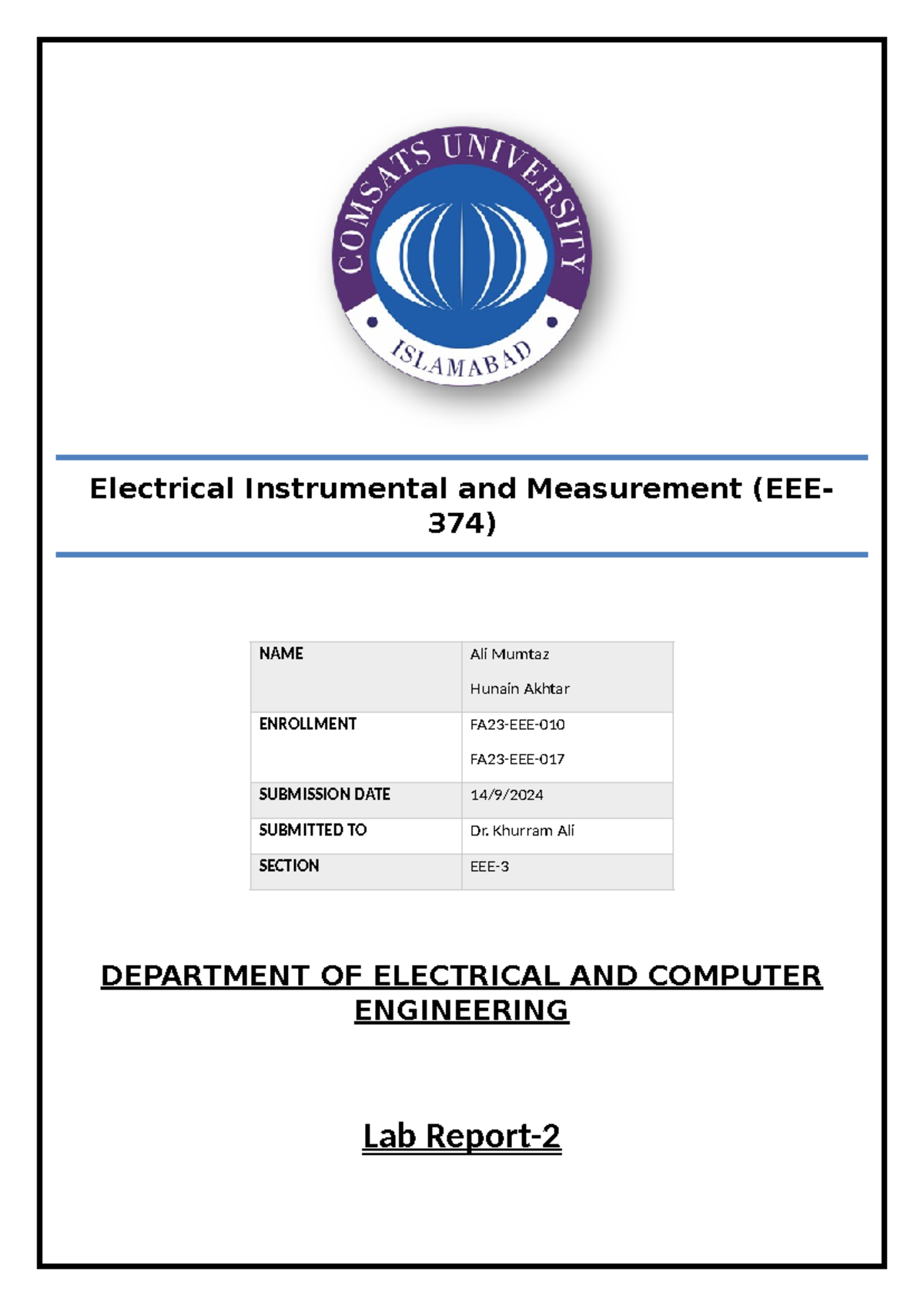Lab 2 - Lab report 2 - Electrical Instrumental and Measurement (EEE ...