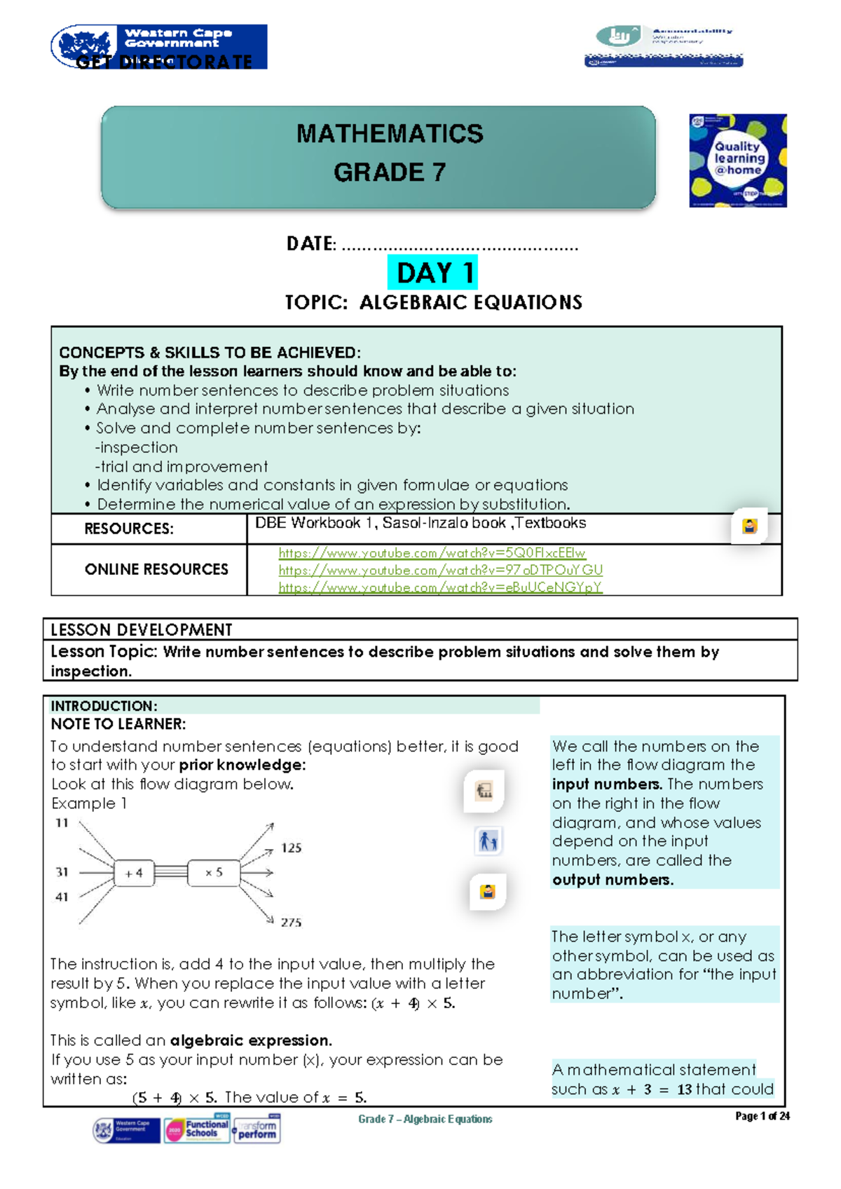 Grade 7 Mathematics Term 3: Lesson Plan on Algebraic Equations - Studocu