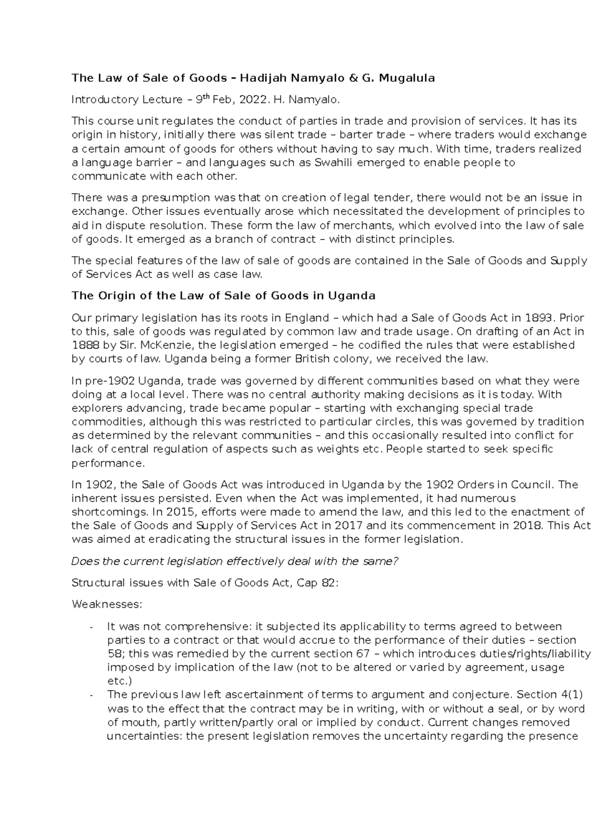 Law of Sale of Goods: Comprehensive Notes for SOGSA Course - Studocu