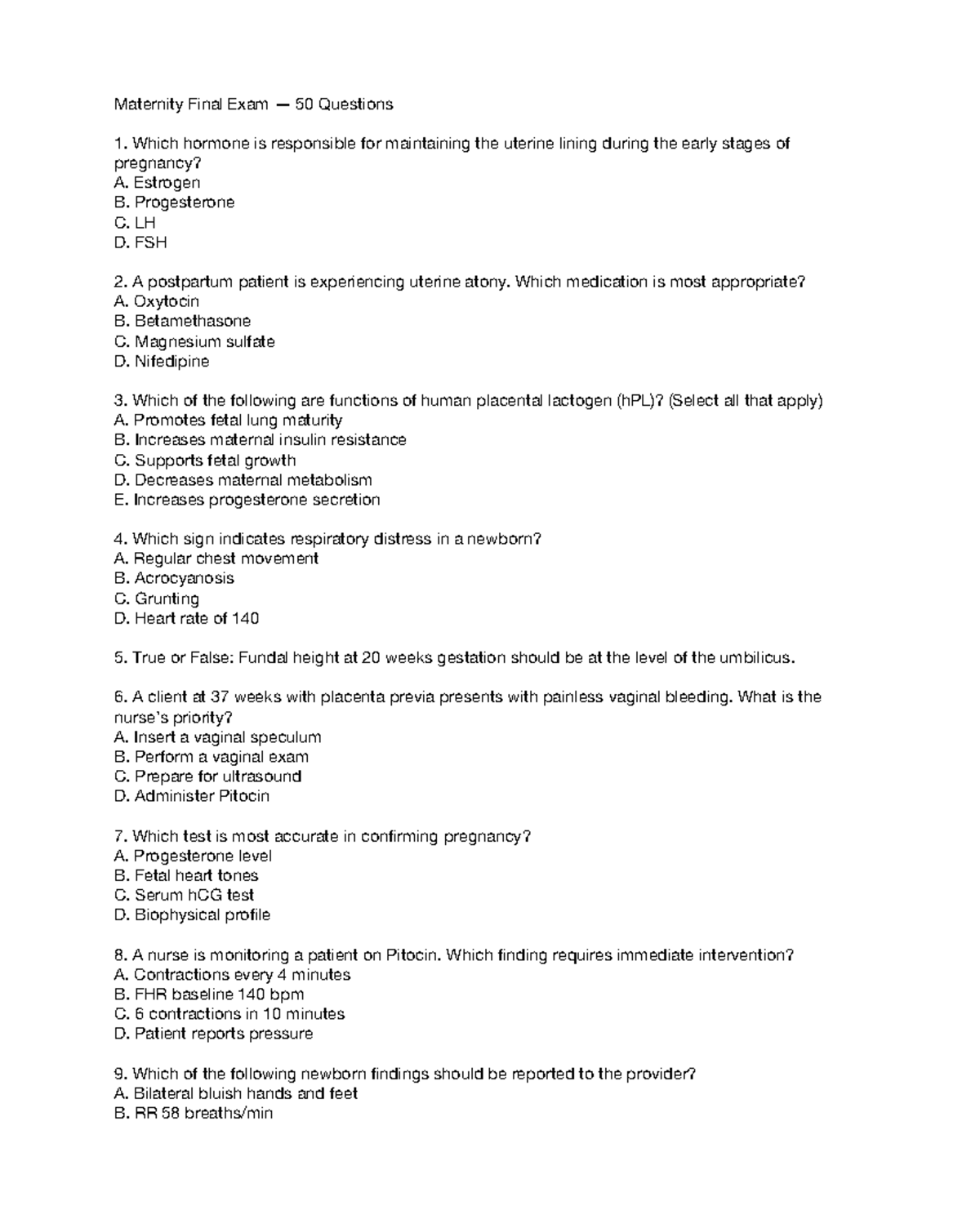 Maternal Nursing Final Exam Review: 50 Key Questions and Answers - Studocu