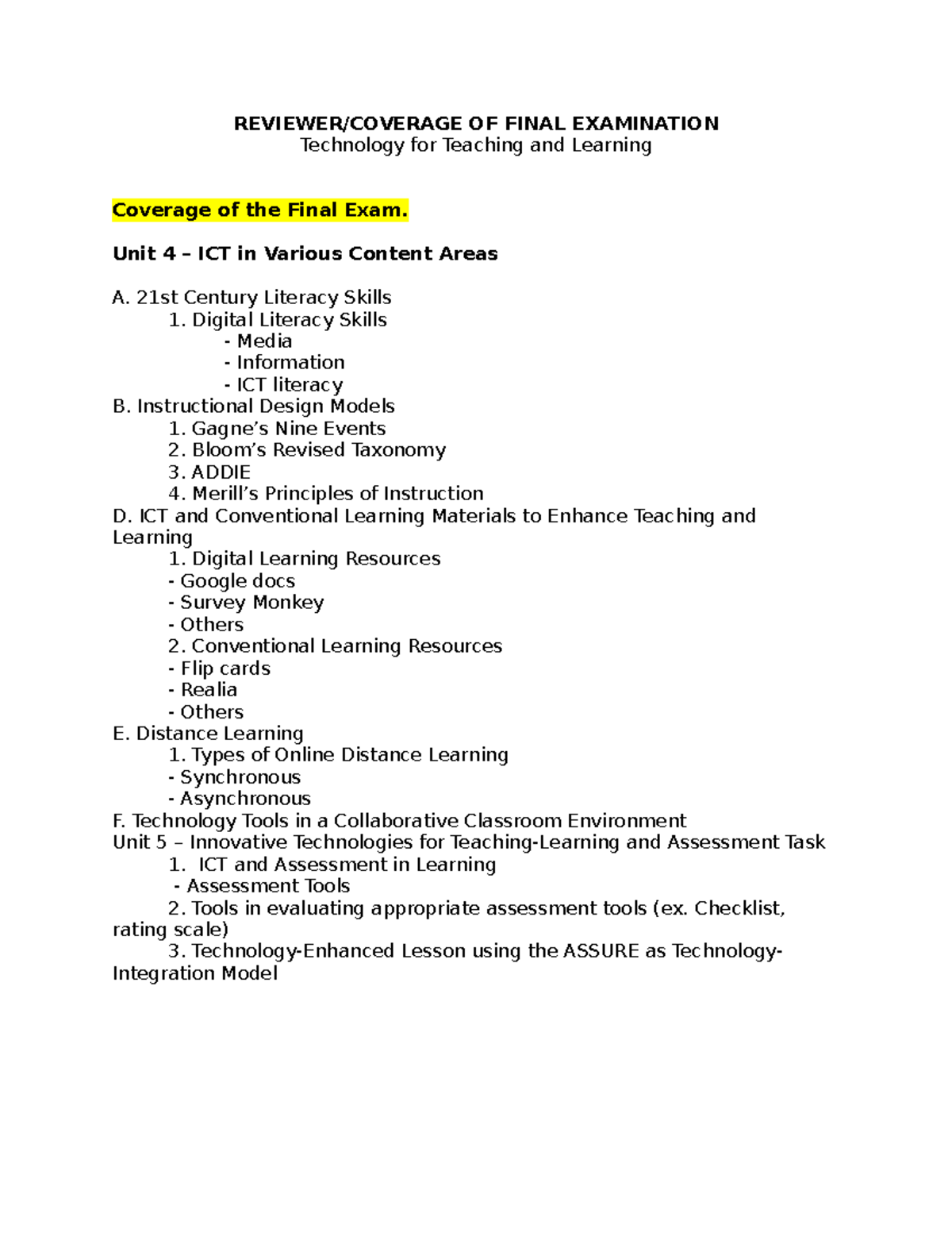 Final Exam Reviewer: Technology for Teaching and Learning (EDU 101 ...