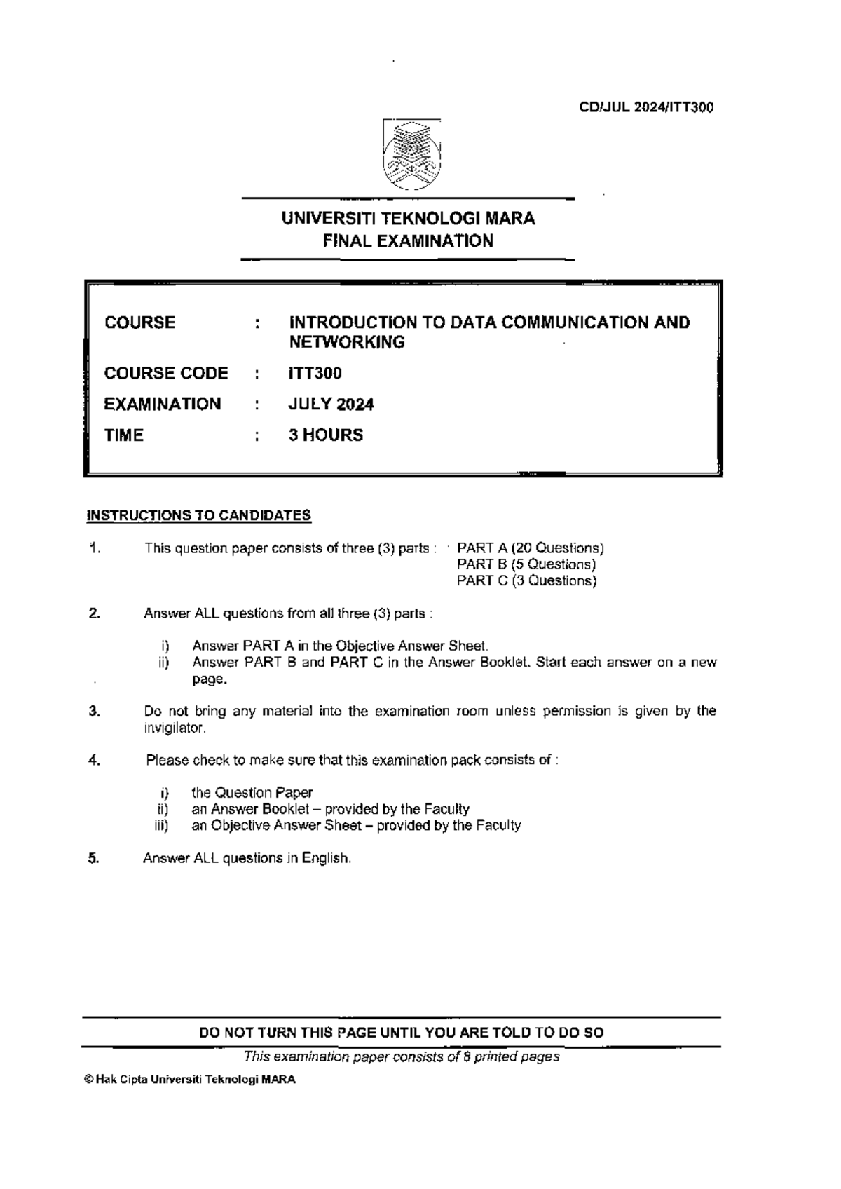 ITT300 JULY 2024 - Final Exam on Data Communication & Networking - Studocu