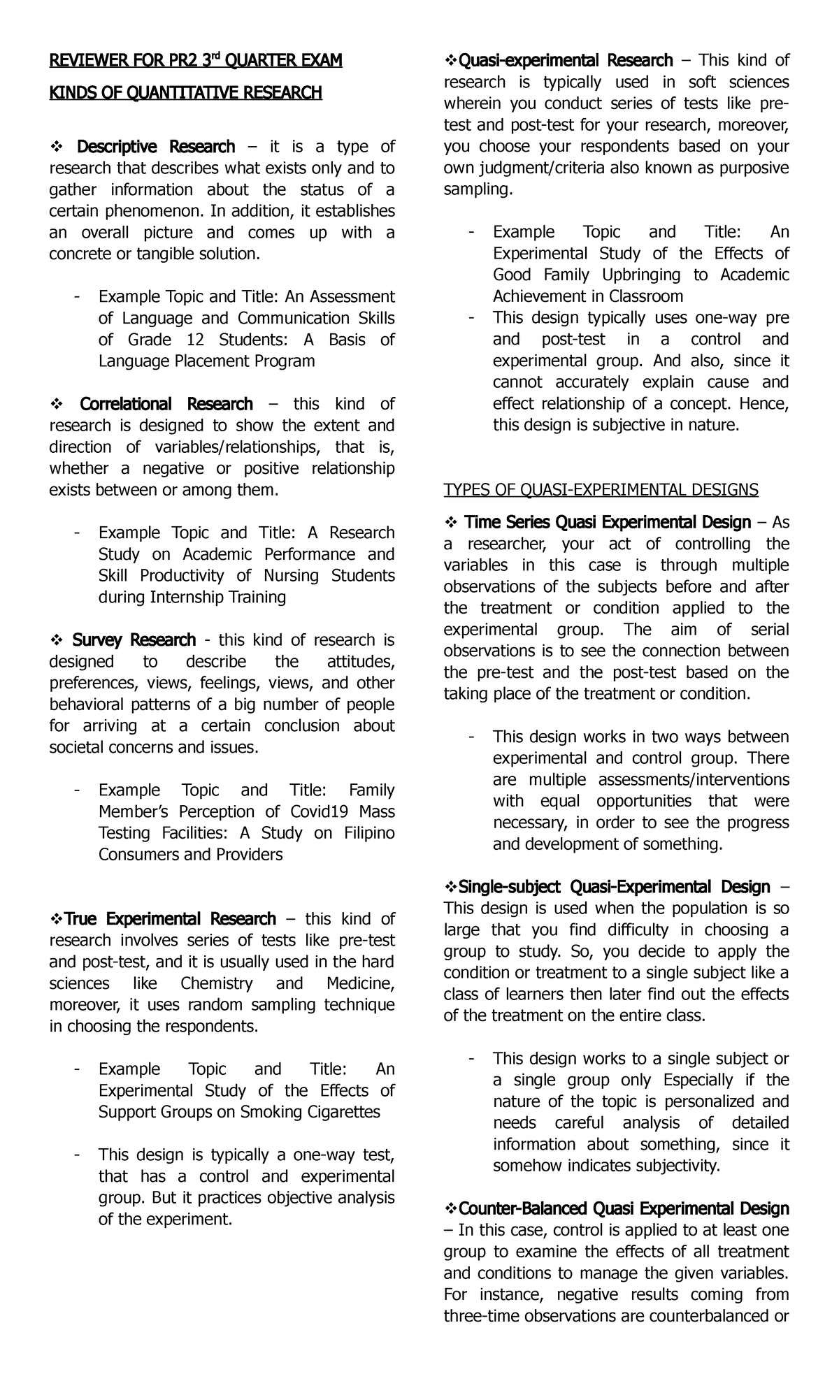PR2 3RD Quarter Exam Reviewer: Types of Quantitative Research - Studocu