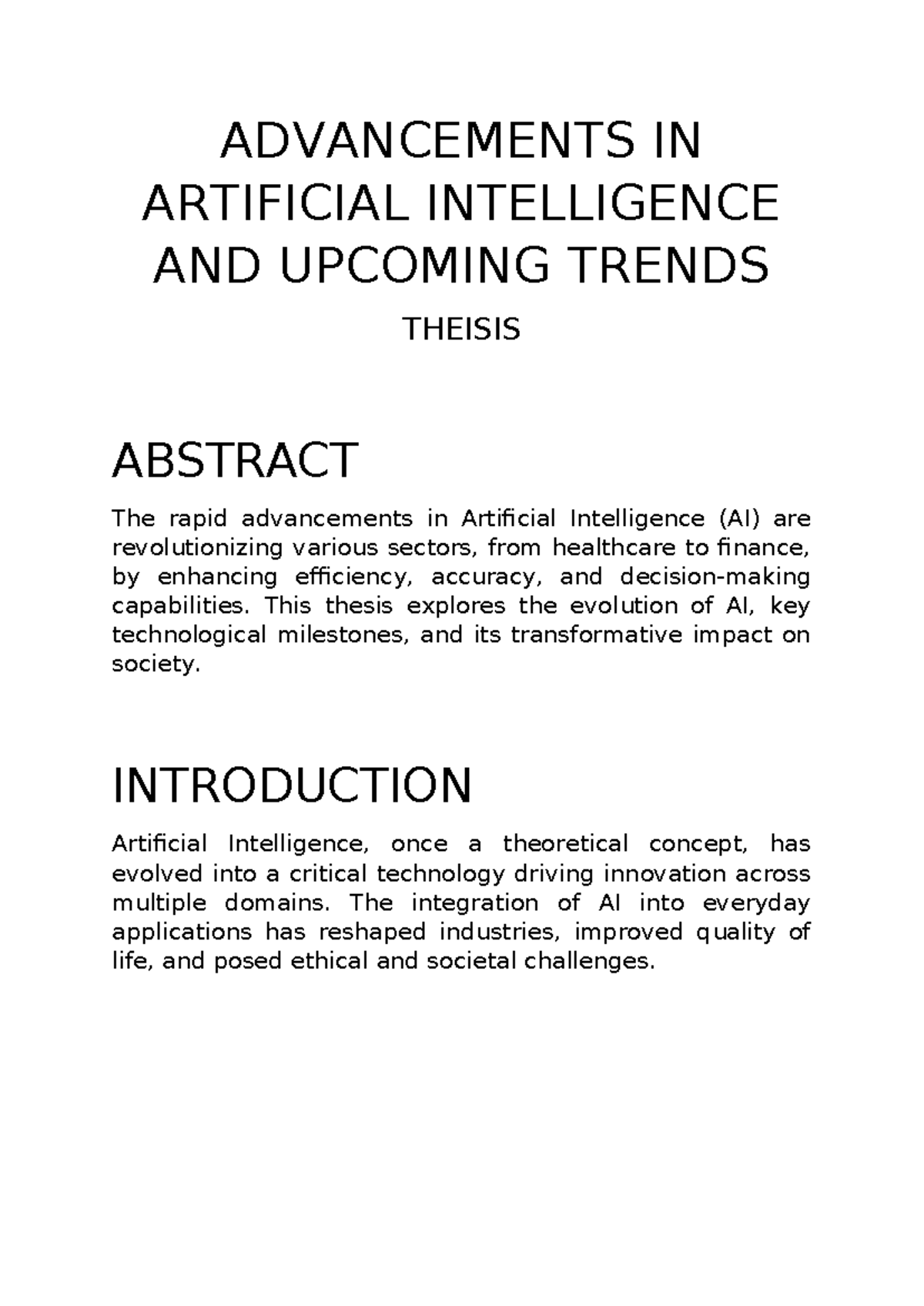 AI- Advancements and Trends in Artificial Intelligence Theisis - Studocu