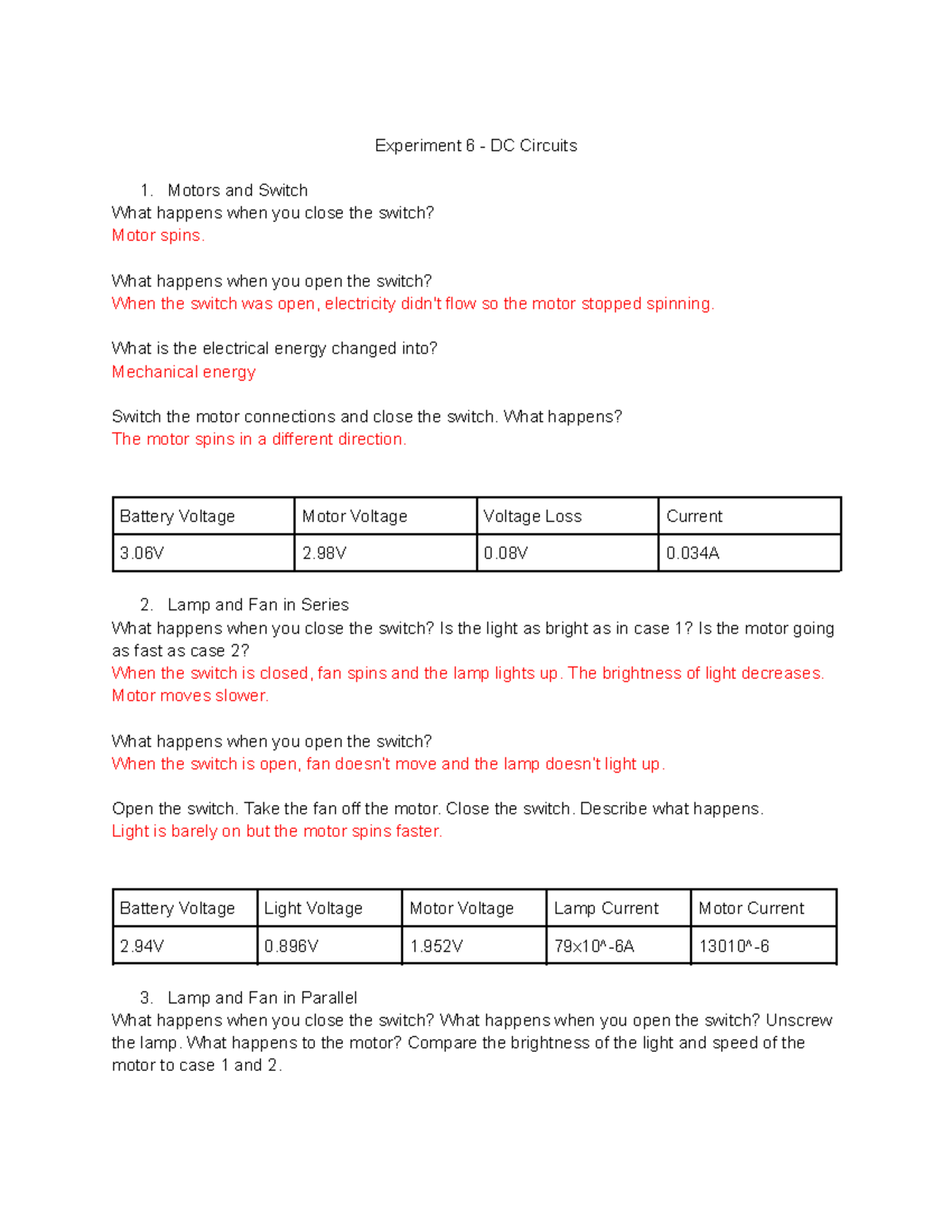 Experiment 6 DC Circuits - Experiment 6 - DC Circuits Motors and Switch ...