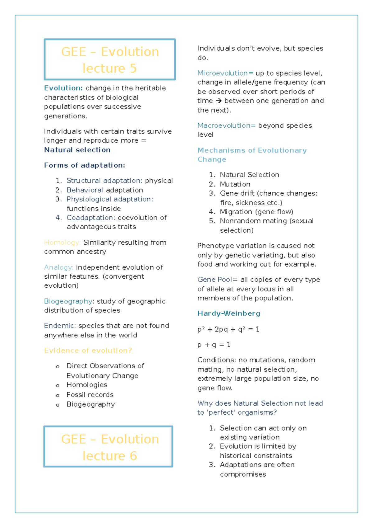 GEE - Evolution Lecture Summary: Key Concepts in Evolution - Studeersnel