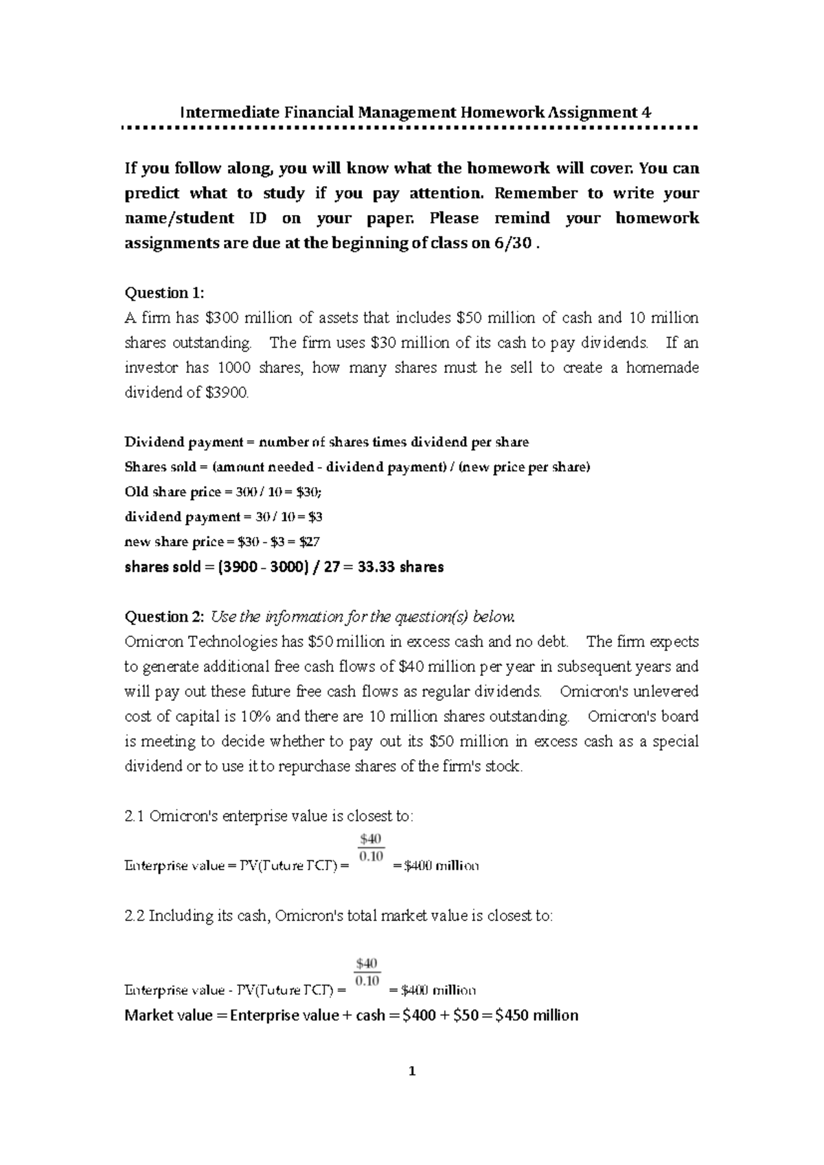 EF4313 Intermediate Financial Management Homework Assignment 4 Guide ...
