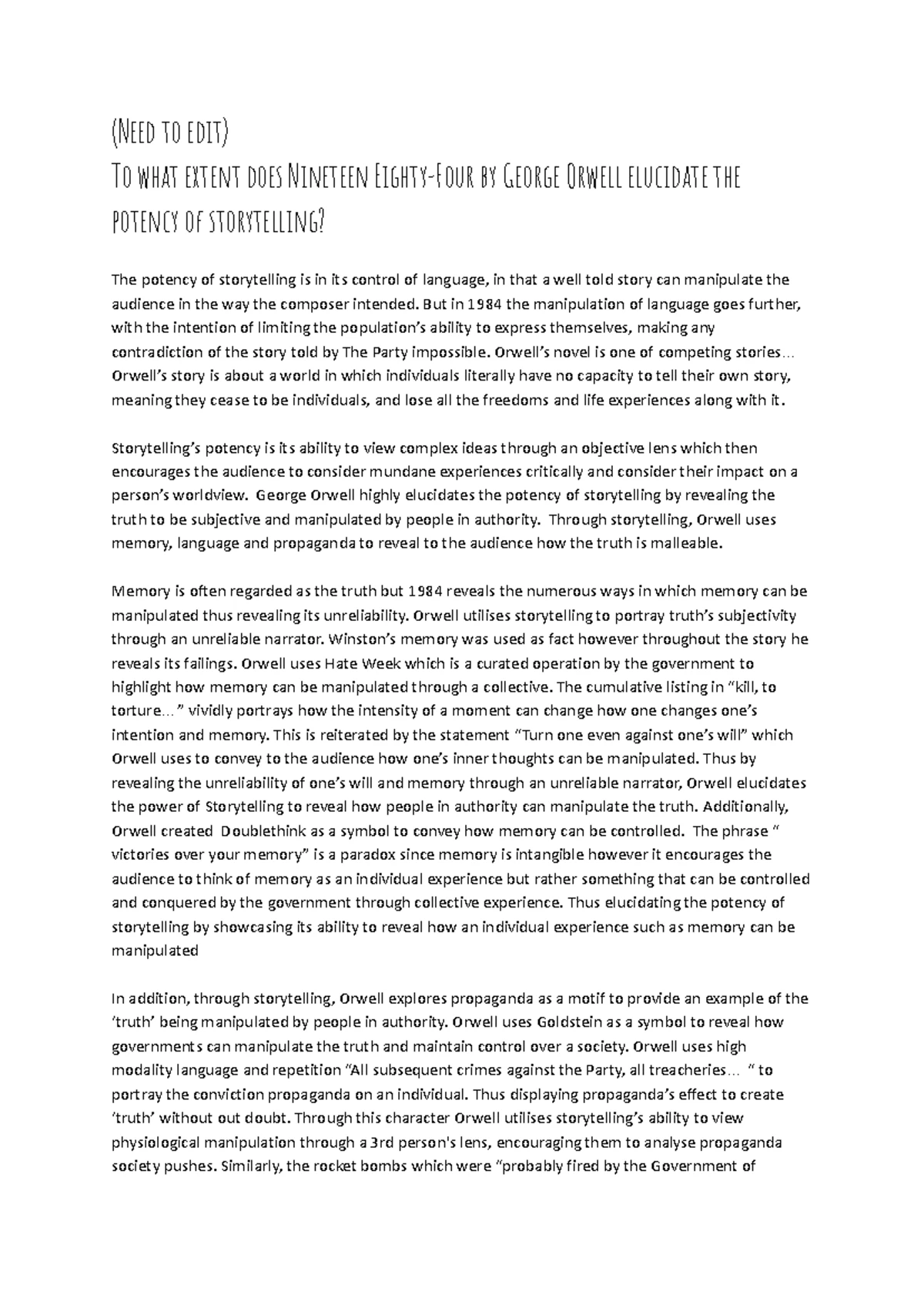 (1) Human Experience Q - Essay on Fear in Orwell's 1984 - Studocu