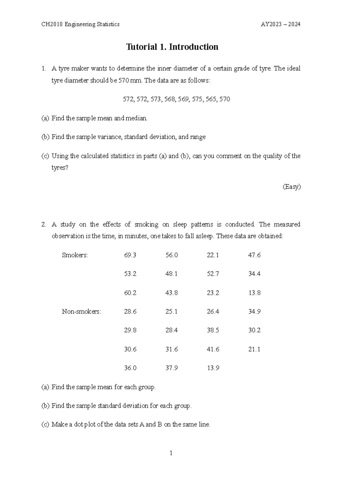 STAT 101: Tutorial 1 - Statistics Calculations and Analysis - Studocu