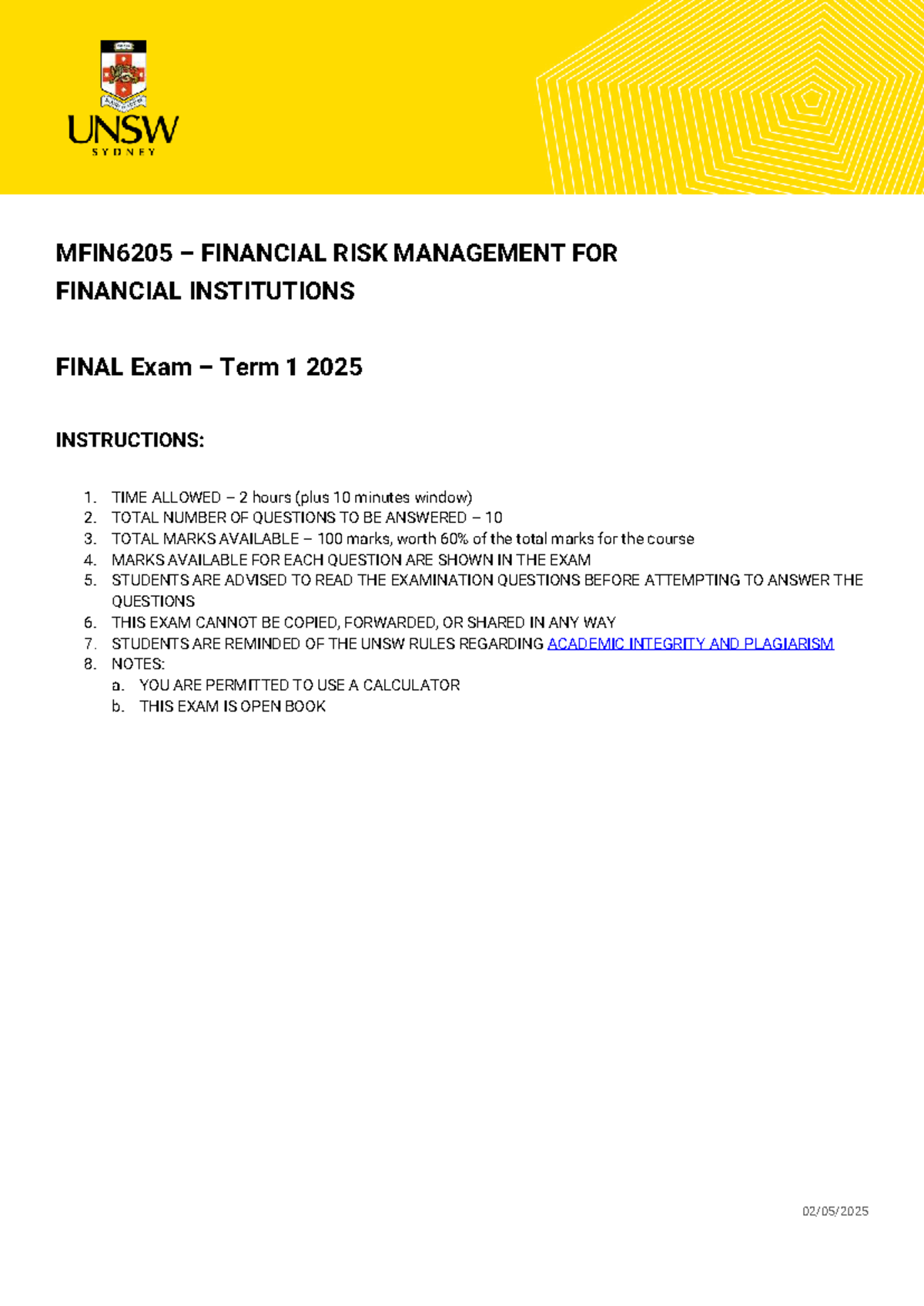 MFIN6205 Financial Risk Management Final Exam Term 1 2025 Instructions ...