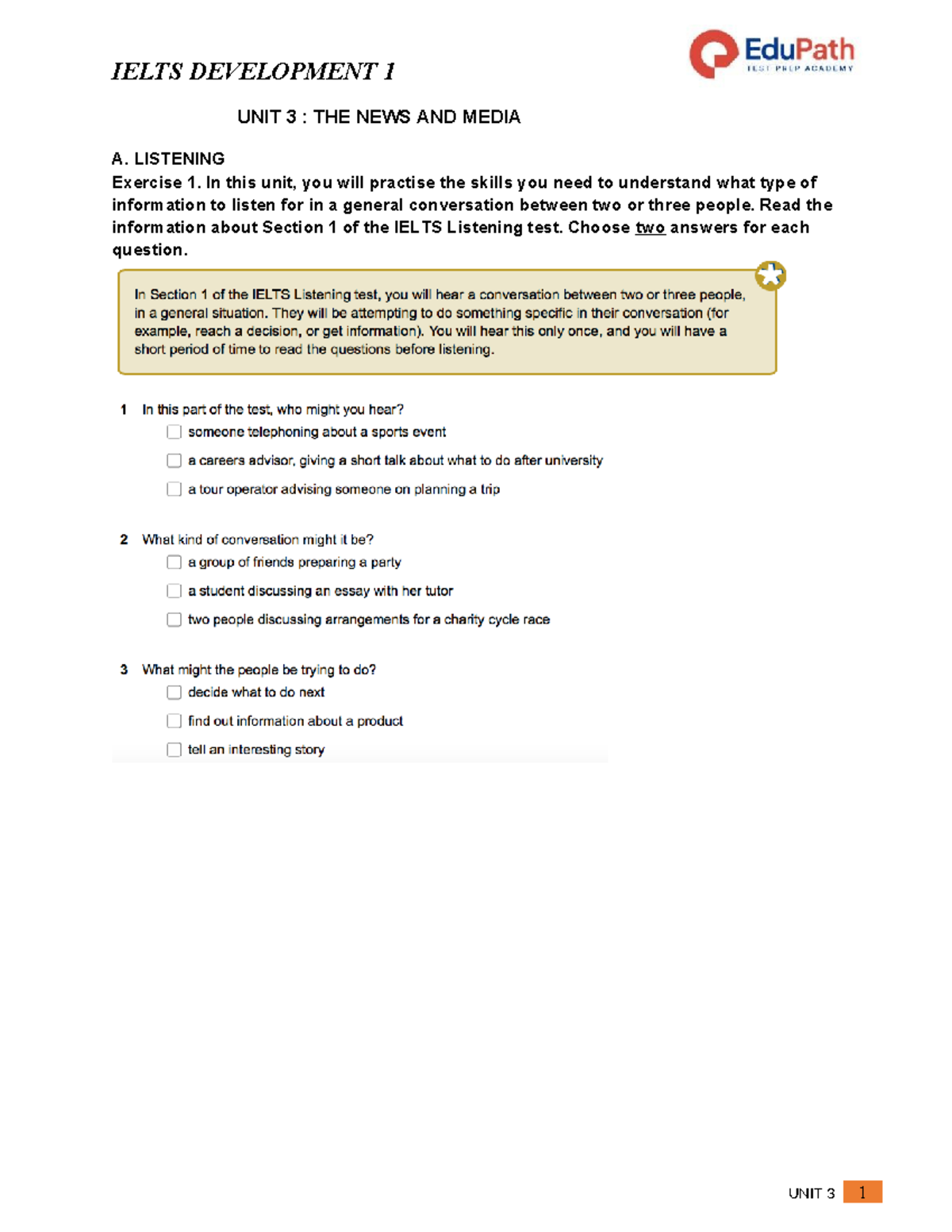 ID1_UNIT 3_LISTENING_EXERCISES FOR IELTS TEST Preparation - Studocu