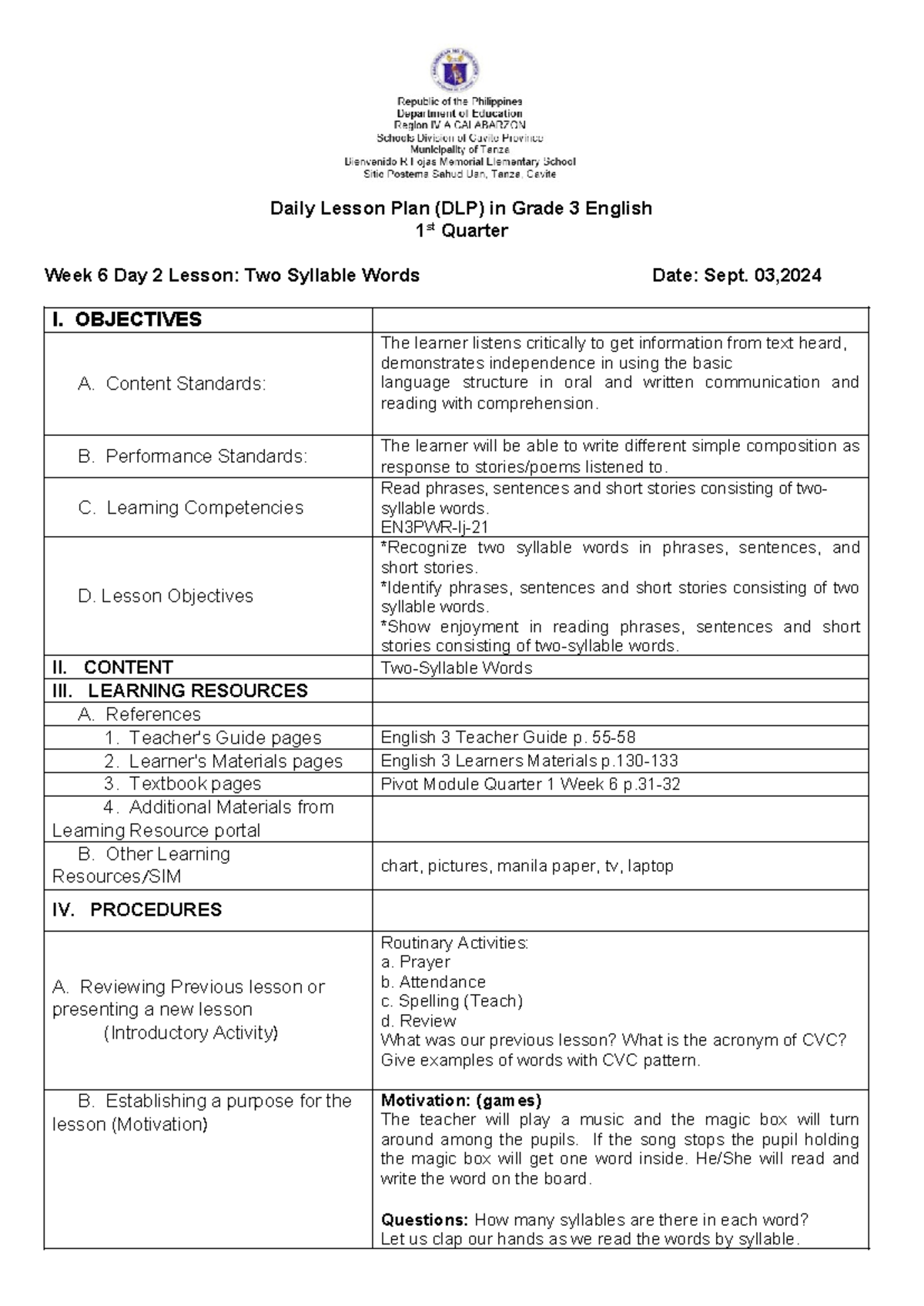 Q1-W6- Cotdlp- English 3 - Daily Lesson Plan (DLP) in Grade 3 English 1 ...