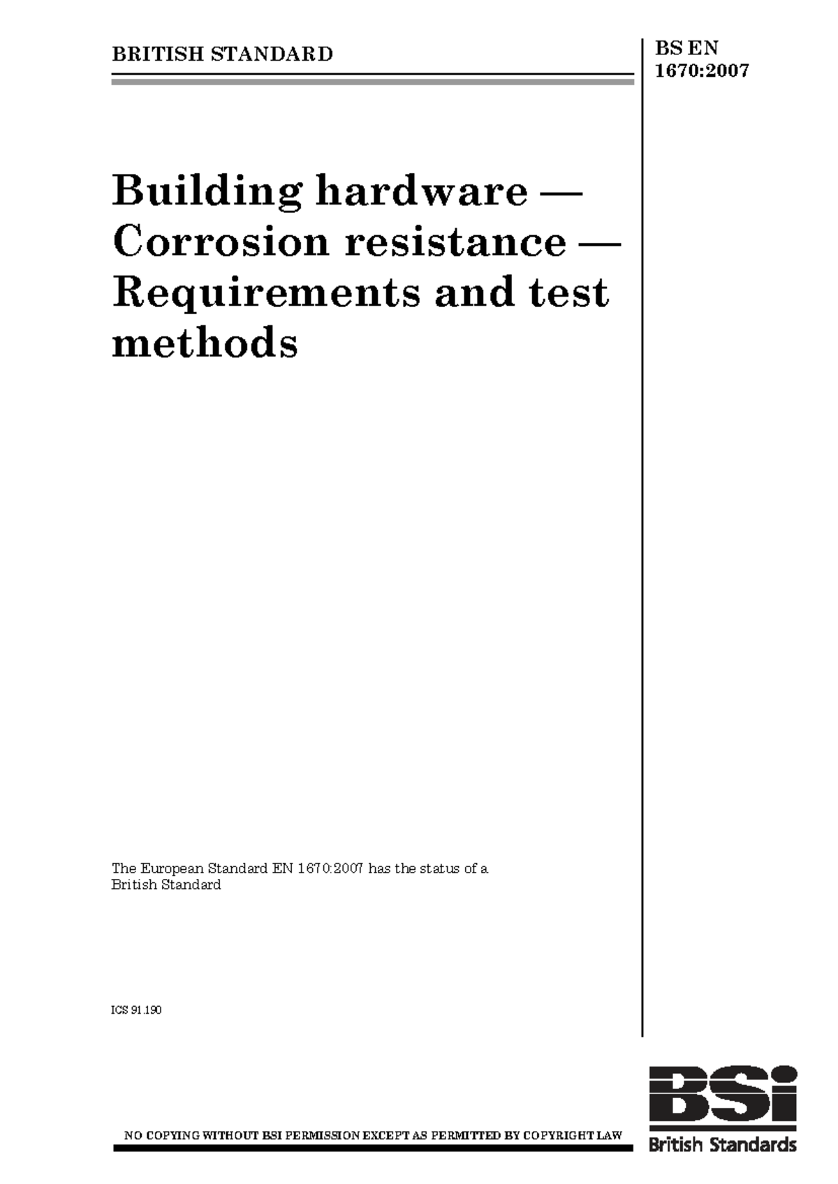 BS EN 1670:2007 - Building Hardware Corrosion Resistance Standards ...