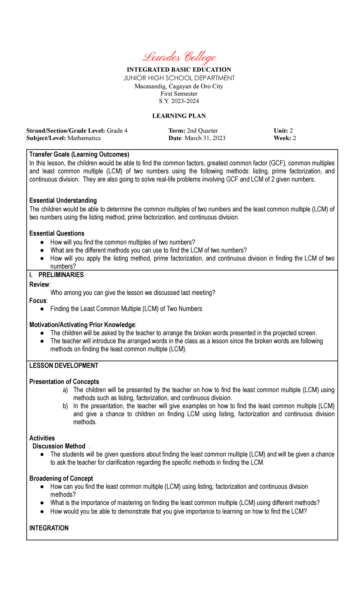 Mathematics 4 - Lesson Plan on Finding LCM & GCF Concepts - Studocu