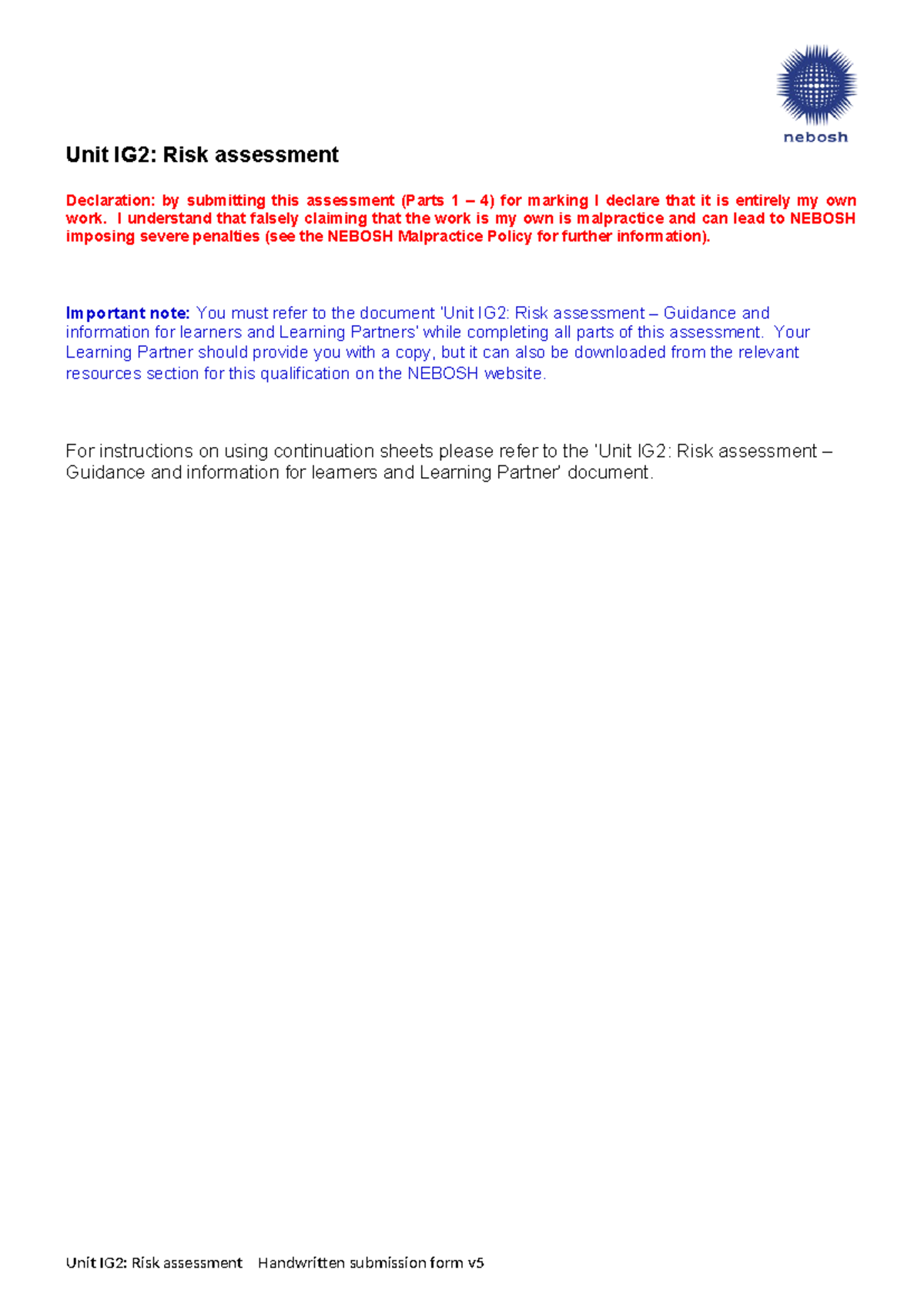 Unit IG2 Risk Assessment Written Submission Guide v5 - Studocu