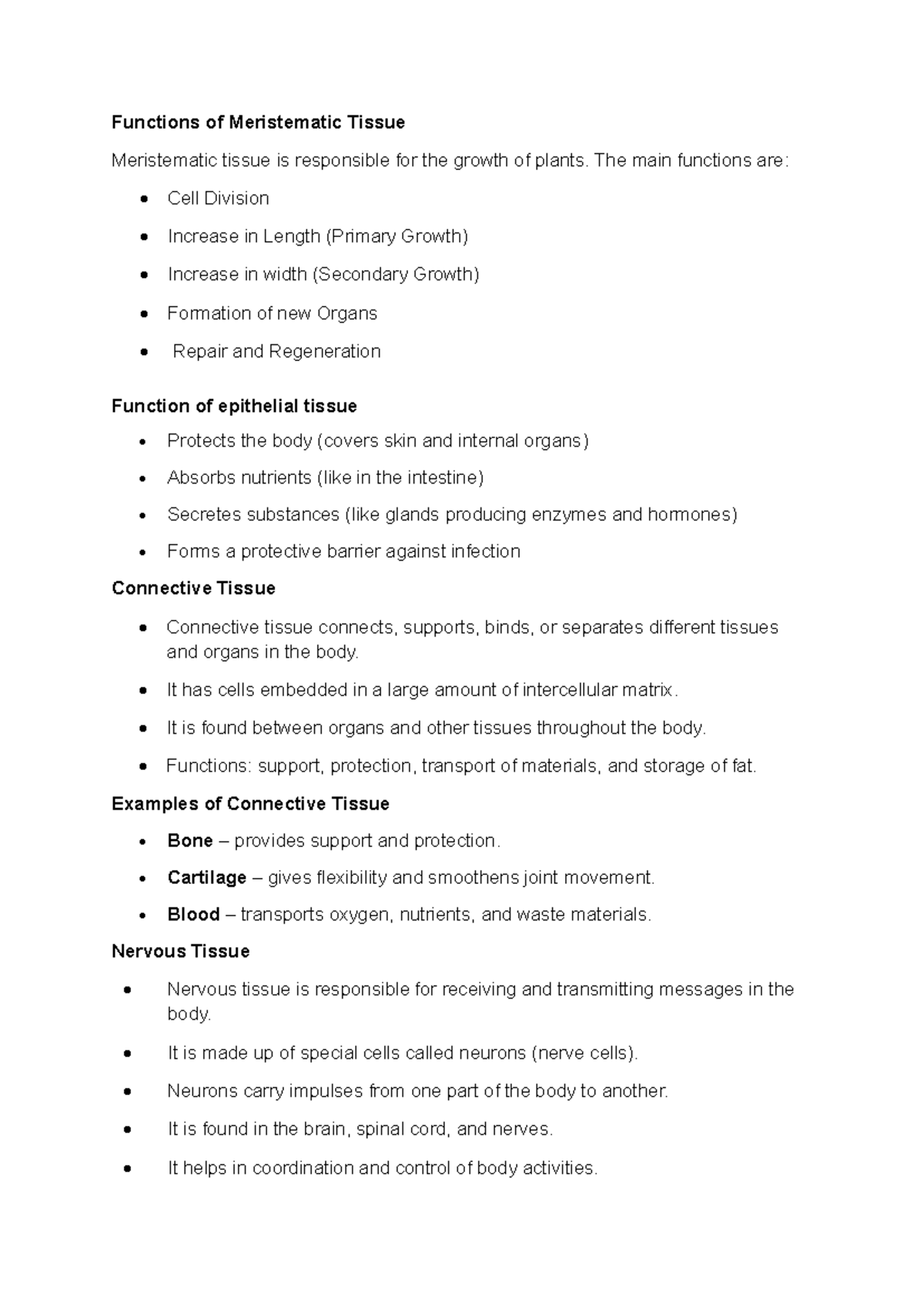 Biology Revision Notes S9: Meristematic & Tissue Functions - Studocu