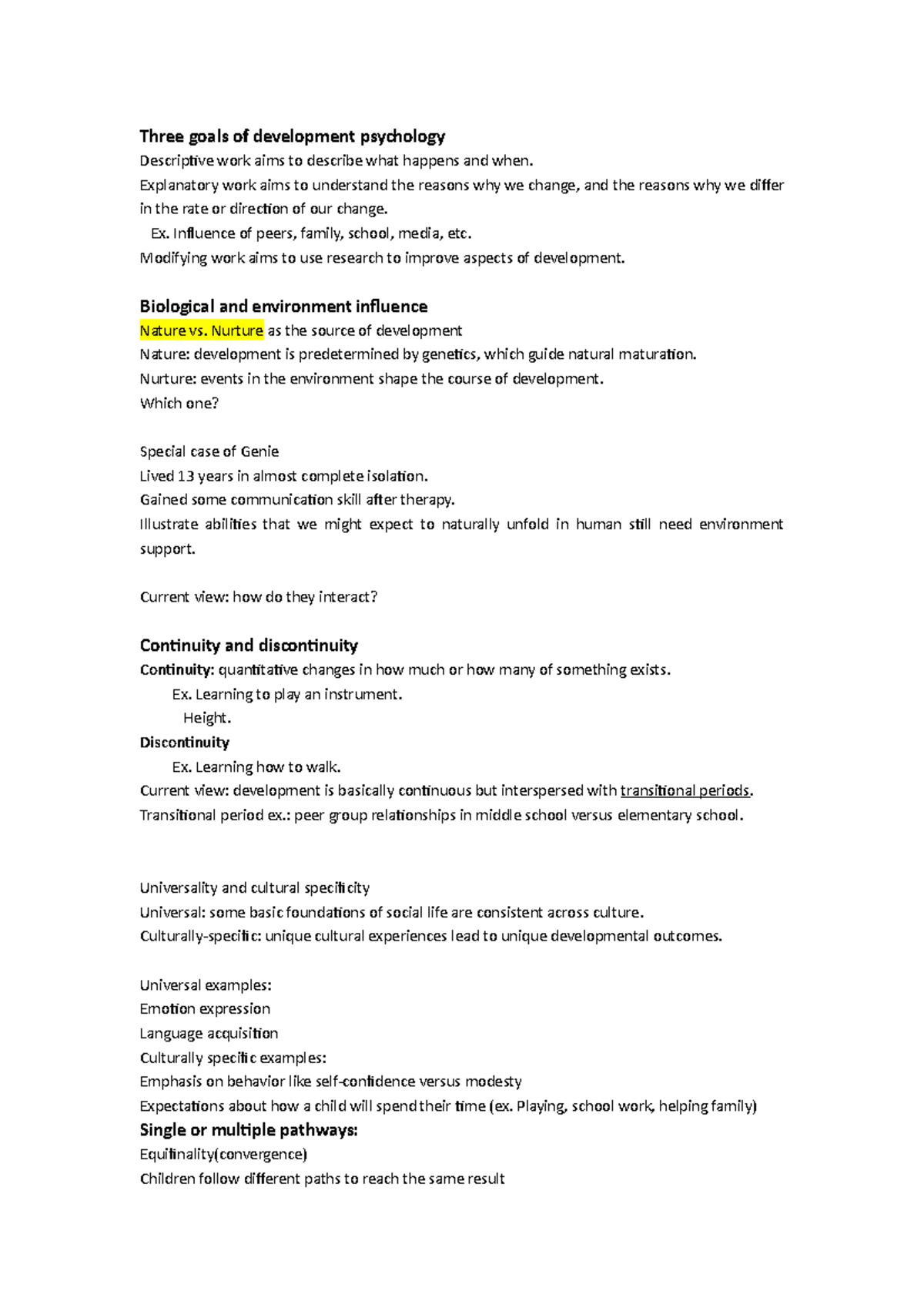 Psyc 171 lecture notes 08/30 - Three goals of development psychology ...