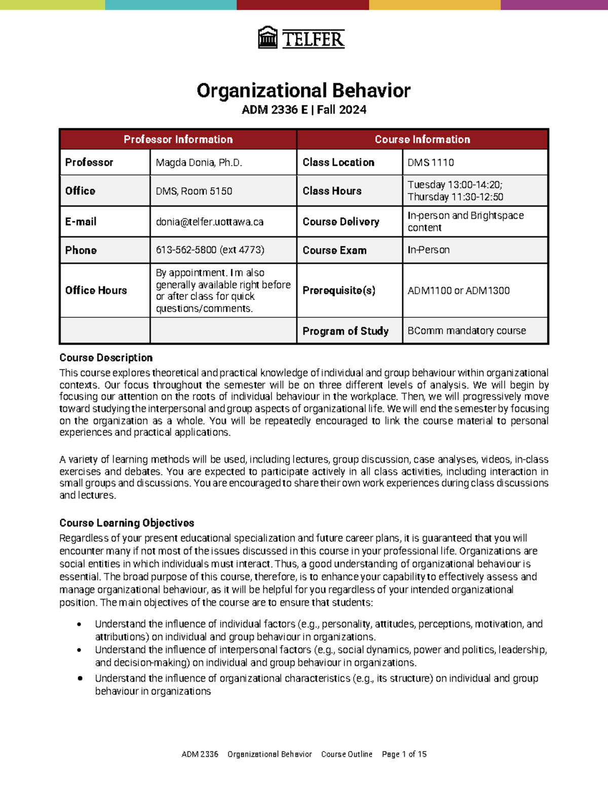 Organizational Behavior Syllabus for ADM 2336 E - Fall 2024 - Studocu