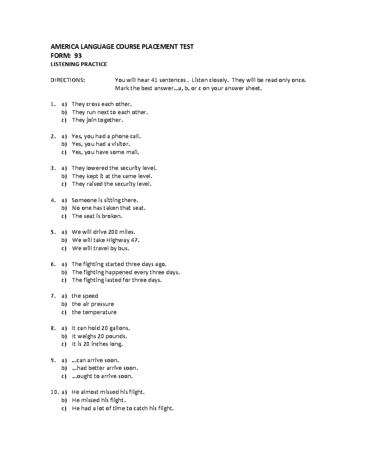 ALCPT 92 Listening Practice Directions for Placement Test - Studocu