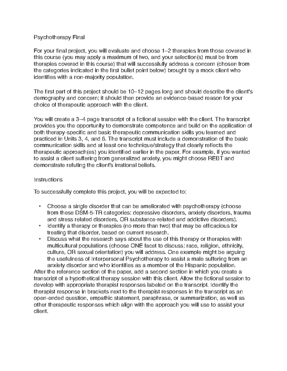Blank 5 - Introduction - Psychotherapy Final For your final project ...