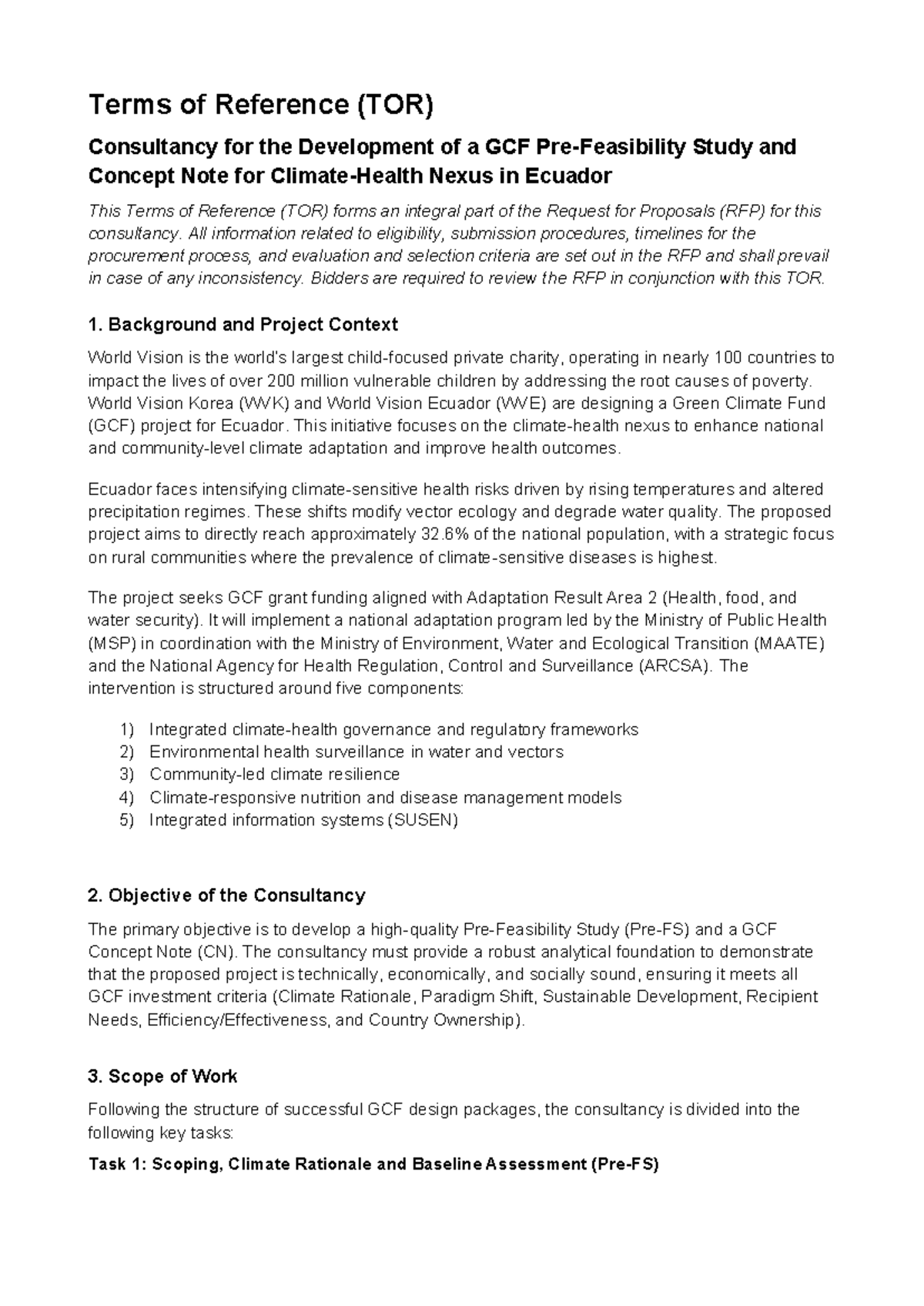 TOR for GCF Study & Concept Note Development in Ecuador - Studocu