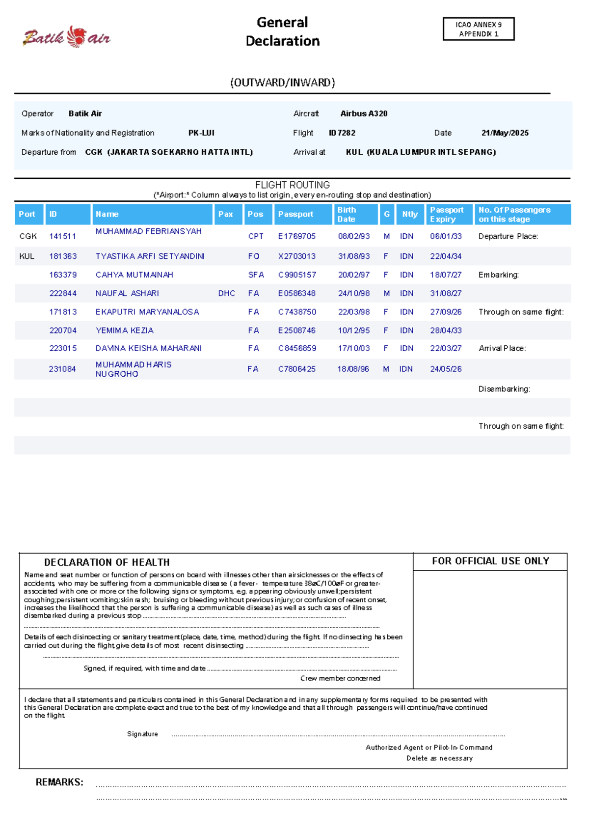 General Declaration Gendec ID 7282 - ID 7283 CGK-KUL-CGK Flight 21 May ...