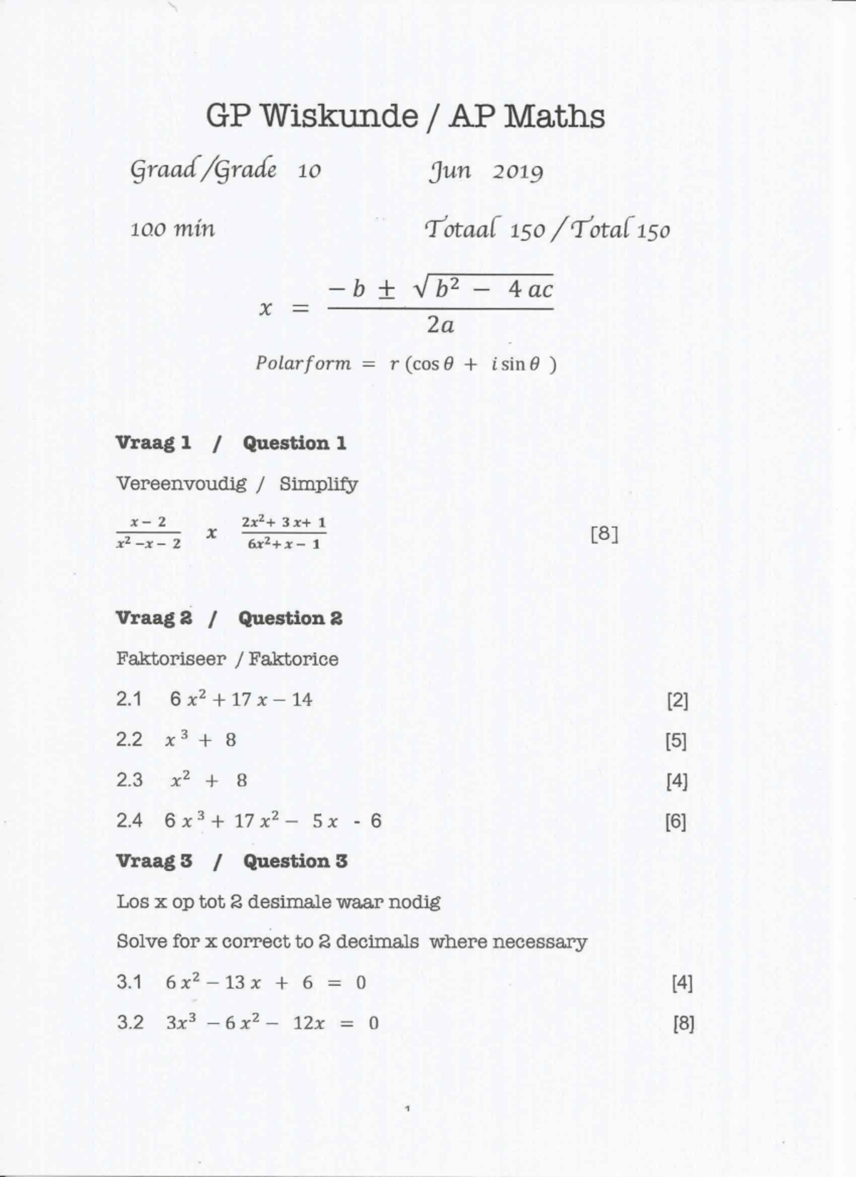 AP Maths Grade 10 June 2019 Exam Paper & Memo Analysis - Studocu