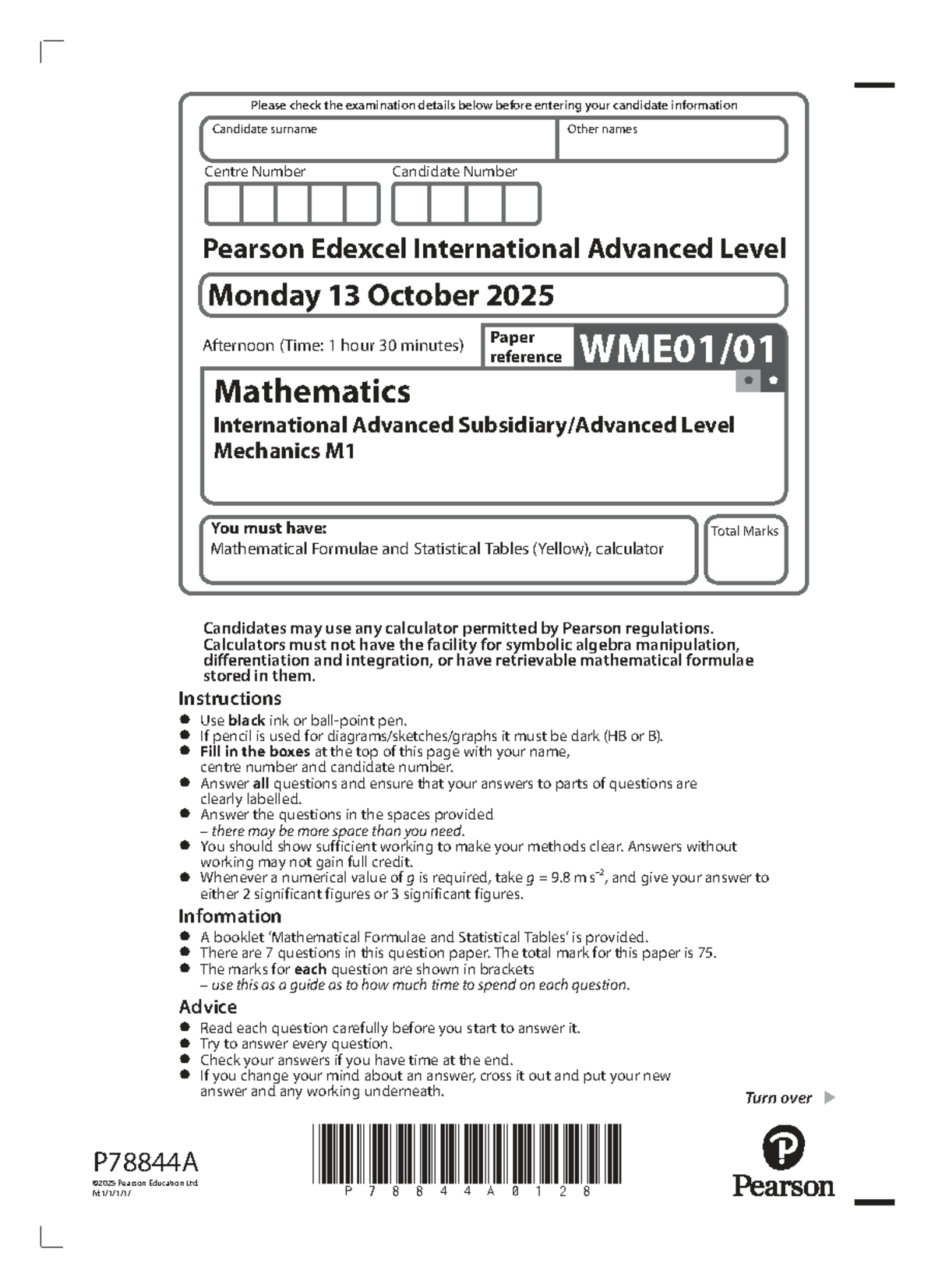 October 2025 - Edexcel A Level Mathematics M1 Exam Paper - Studocu
