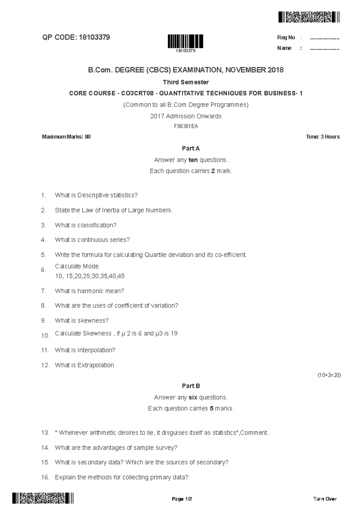 QT-I B.Com Nov 2018 - Quantitative Techniques Exam Question Paper - Studocu